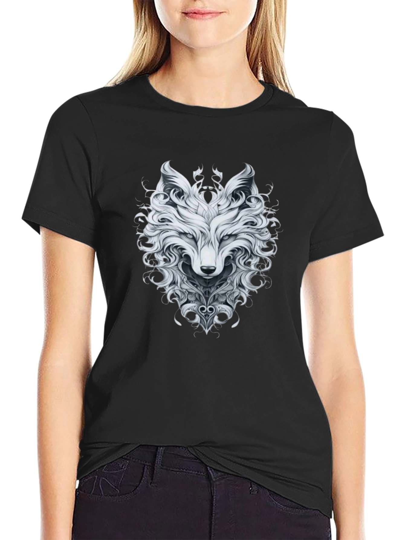 Black Wolf Graphic Print T-Shirt view 2