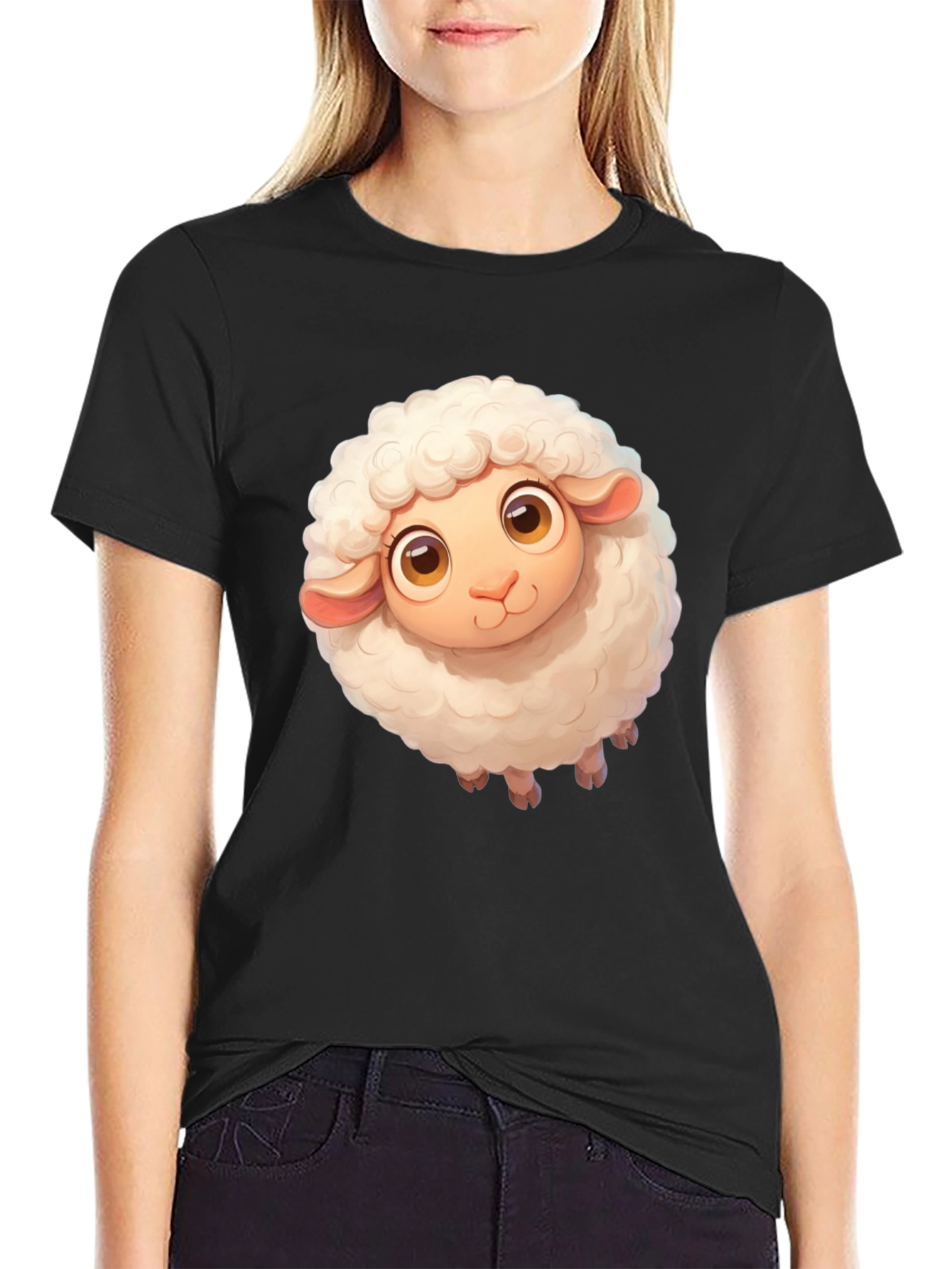 Black Cute Sheep Graphic Tee - Black Cotton Blend view 2
