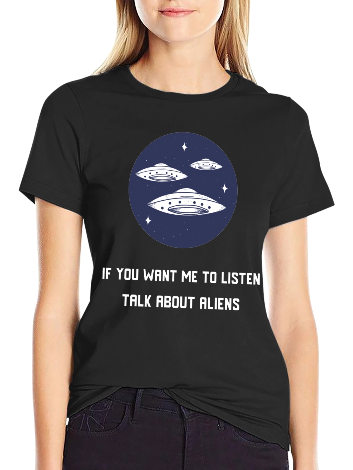Black Alien Conversation Graphic Tee - Talk About Aliens T-Shirt view 2