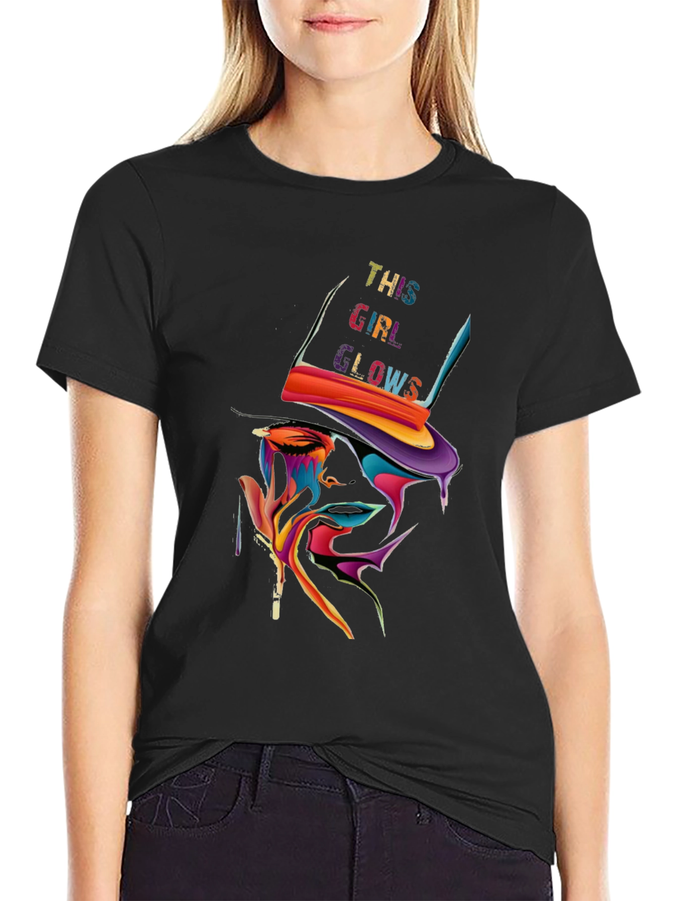 Black Colorful "This Girl Glows" Graphic Print Black T-Shirt view 2