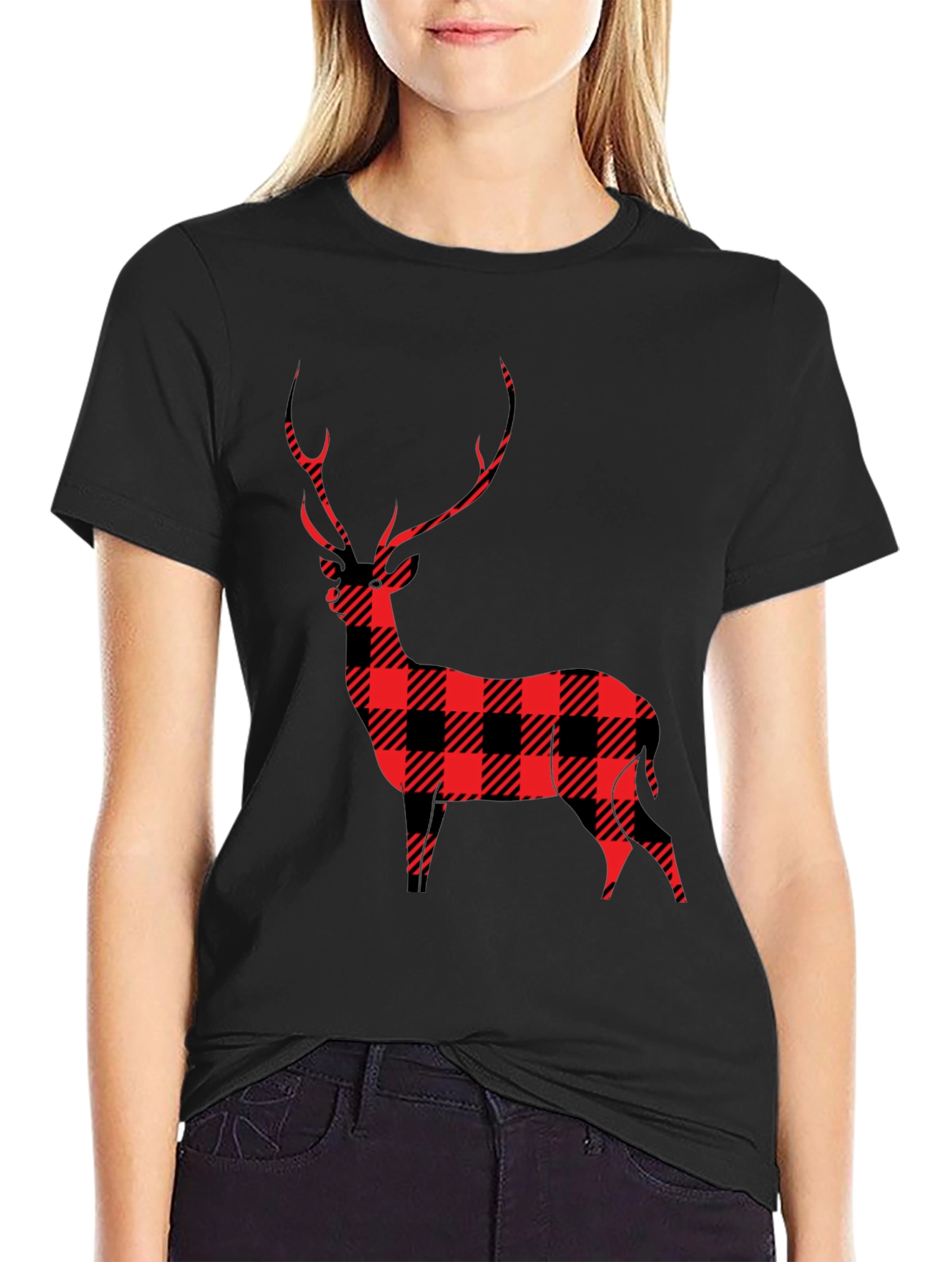 Black Buffalo Plaid Deer Graphic Tee view 2