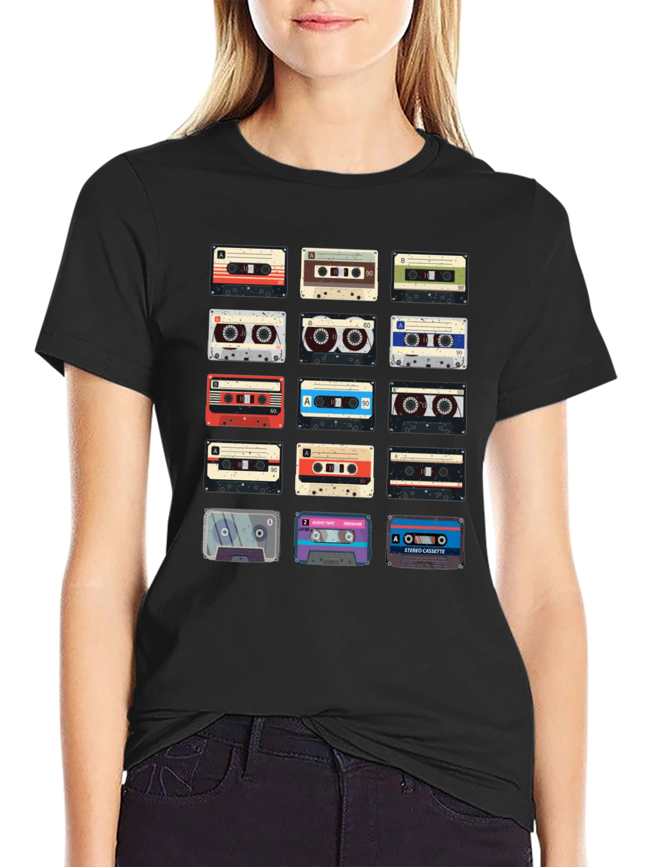 Black Retro Cassette Tape Graphic Tee - Vintage Music Lover Shirt view 2