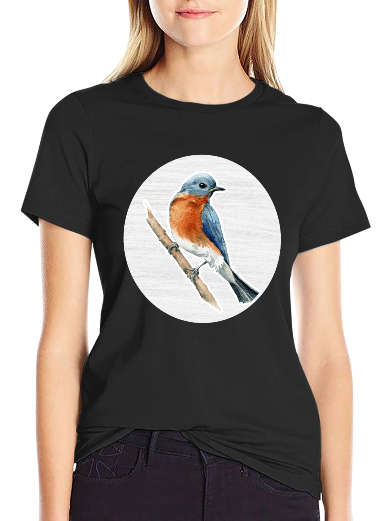 Black Bluebird Branch Graphic Tee - Stylish Bird Lover T-Shirt view 2