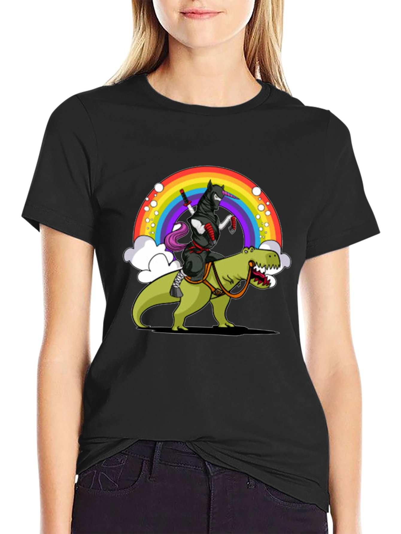 Black Ninja Unicorn Riding Dinosaur Rainbow T-Shirt view 2