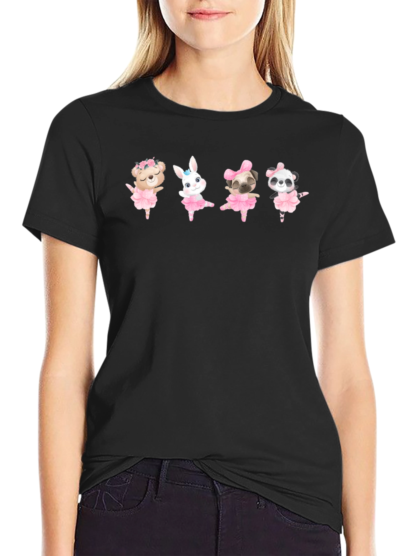 Black Cute Ballerina Animals T-Shirt view 2