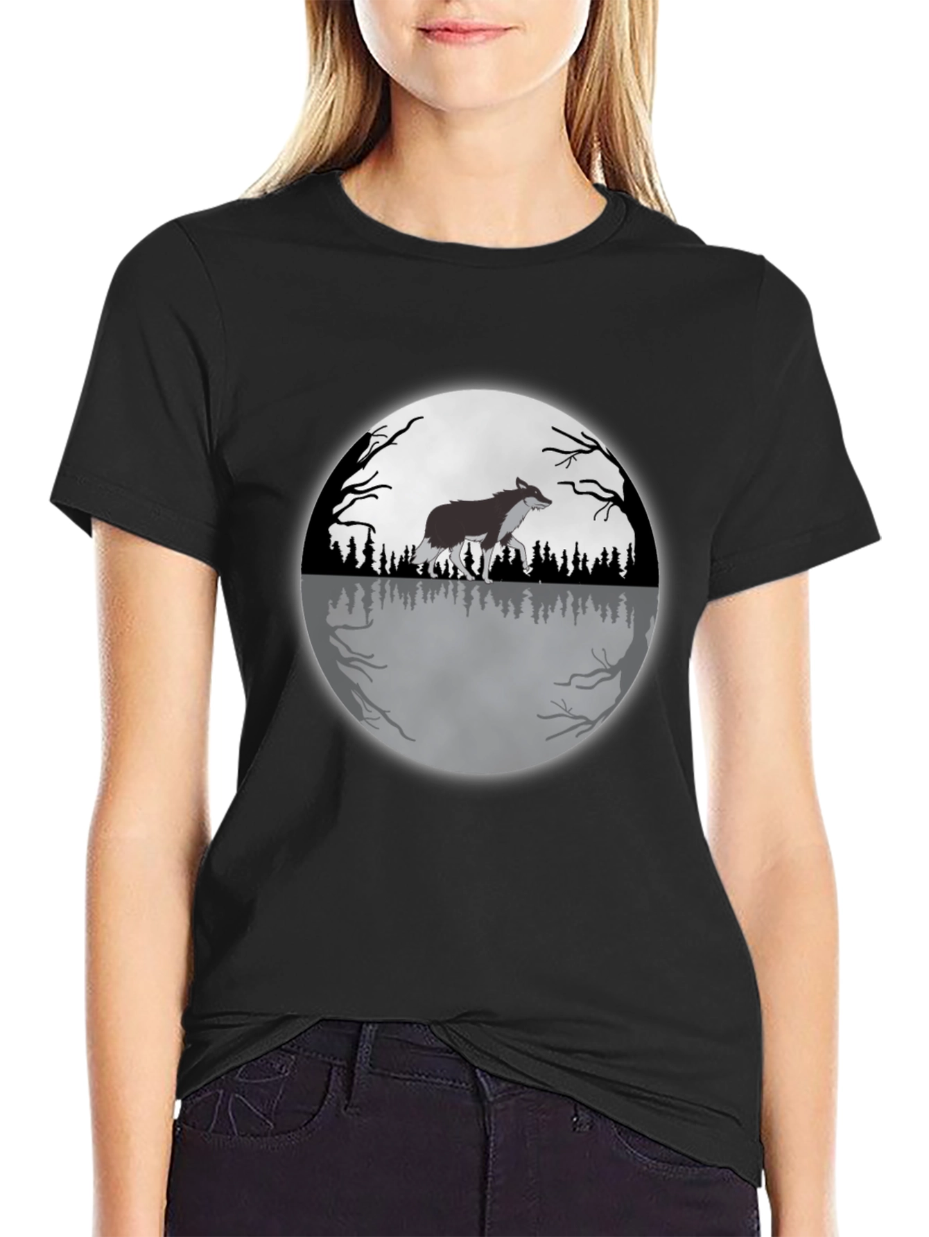 Black Wolf Moon Graphic Tee - Black Cotton T-Shirt view 2