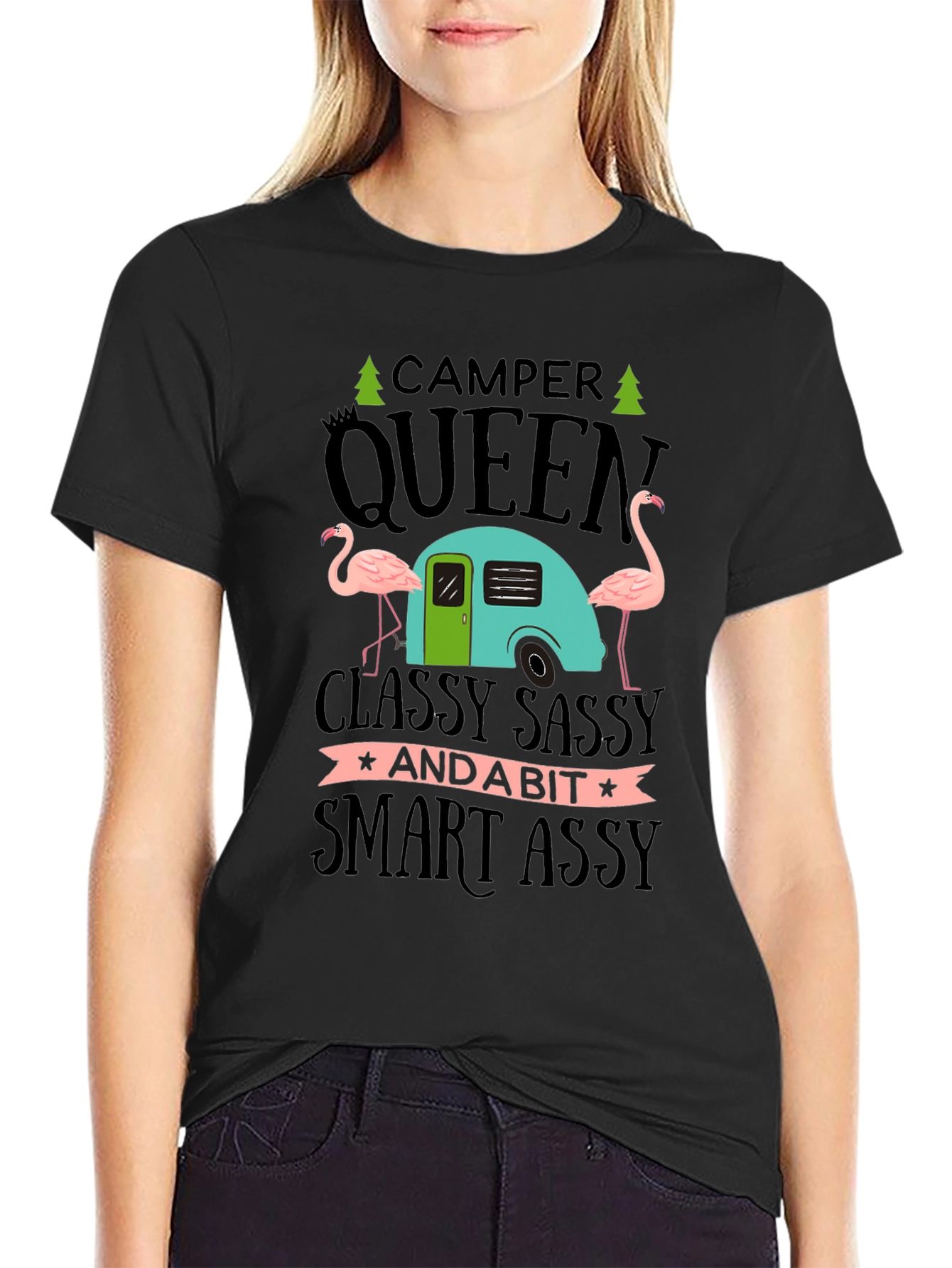 Black Camper Queen Flamingo Graphic T-Shirt view 2