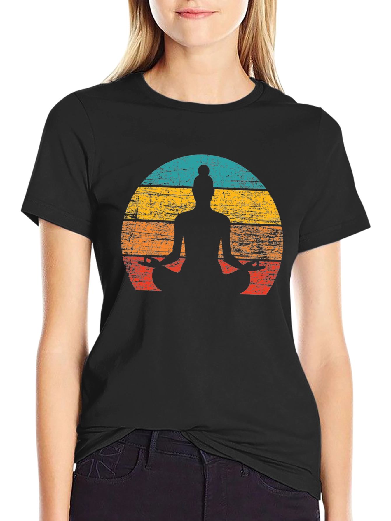Black Yoga Silhouette Retro Sunset Graphic Tee - Unisex view 2