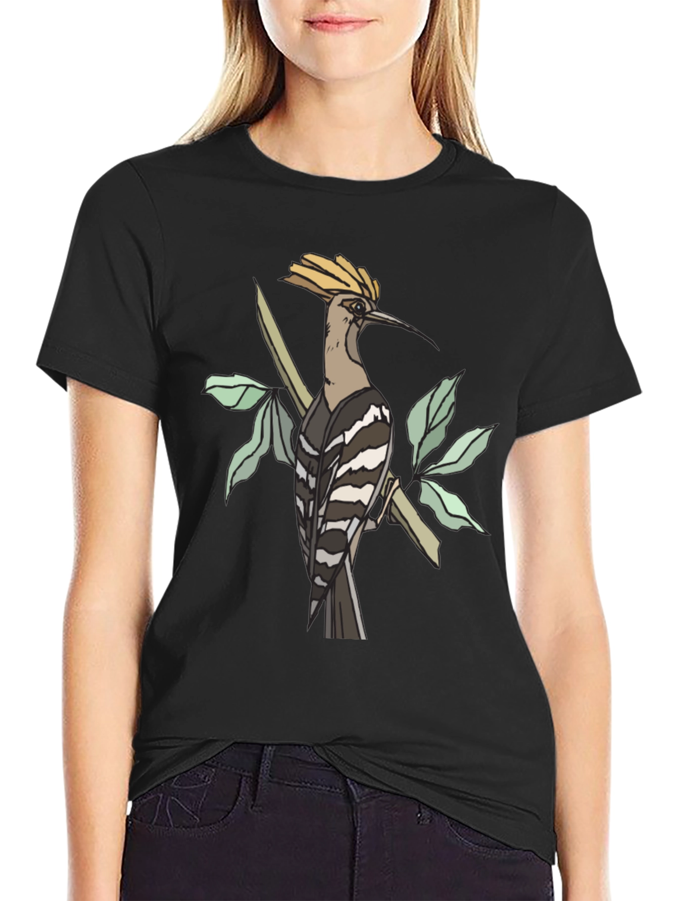 Black Hoopoe Bird Graphic Tee - Black Cotton T-Shirt view 2