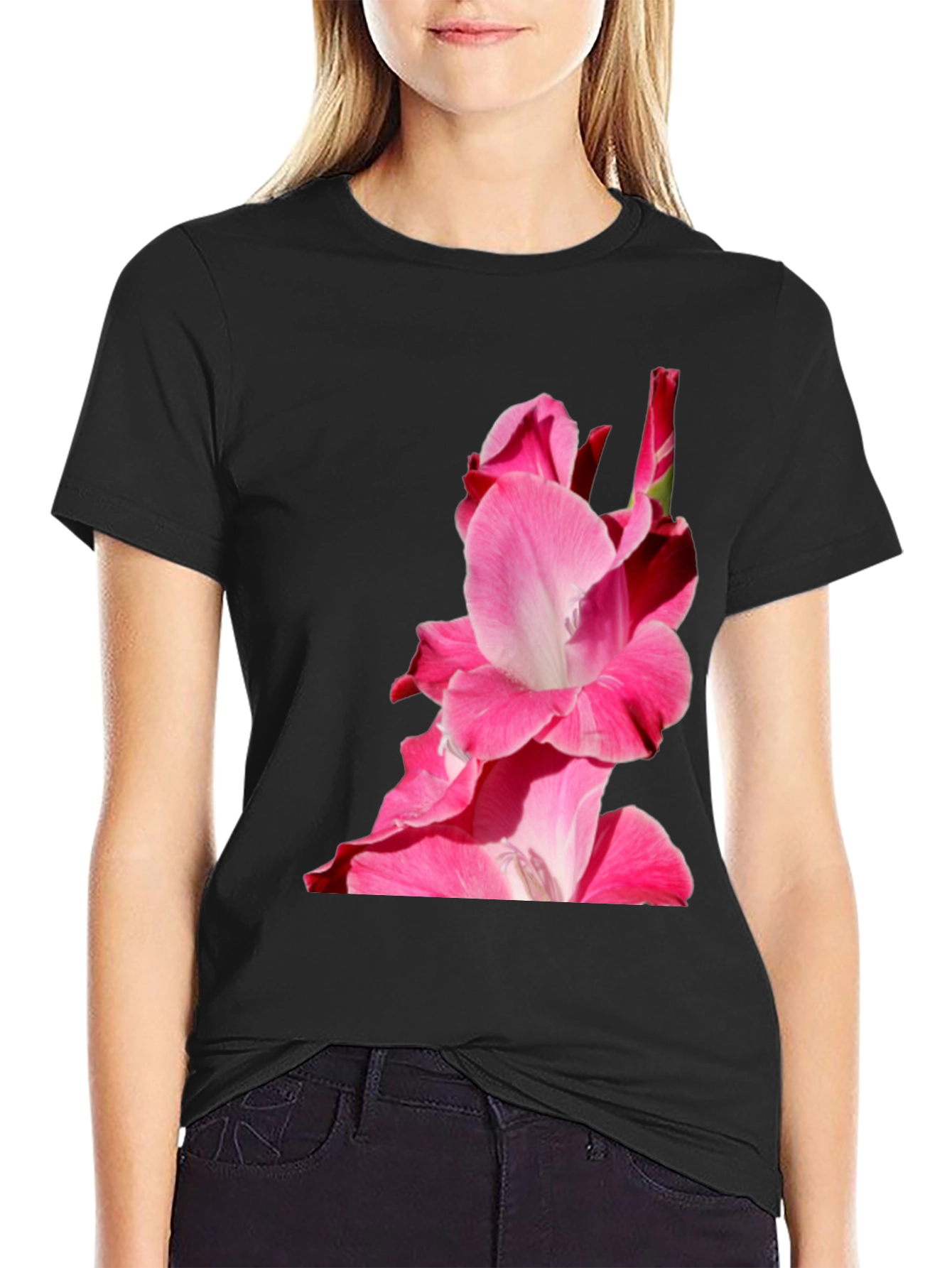 Black Pink Floral Print Black Tee view 2