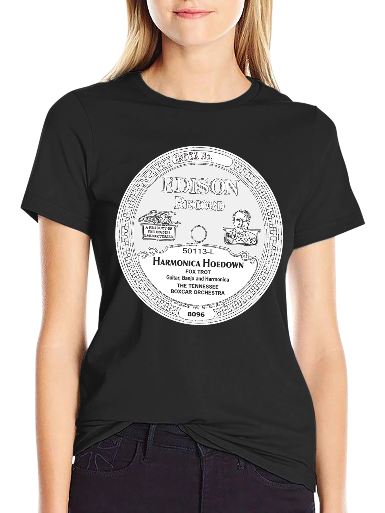 Black Edison Record Harmonica Hoedown T-Shirt view 2