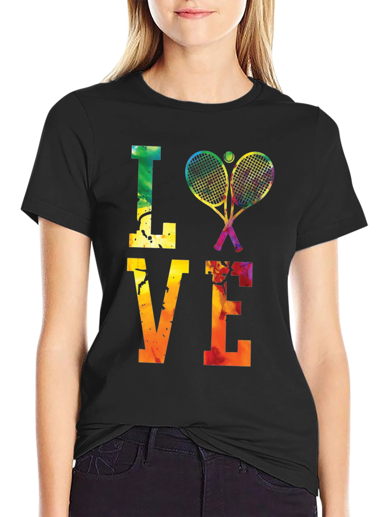 Black Tennis LOVE T-Shirt - Colorful Graphic Tee view 2