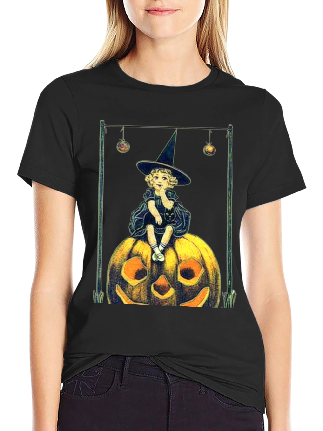 Black Vintage Witch on Pumpkin Halloween Tee view 2