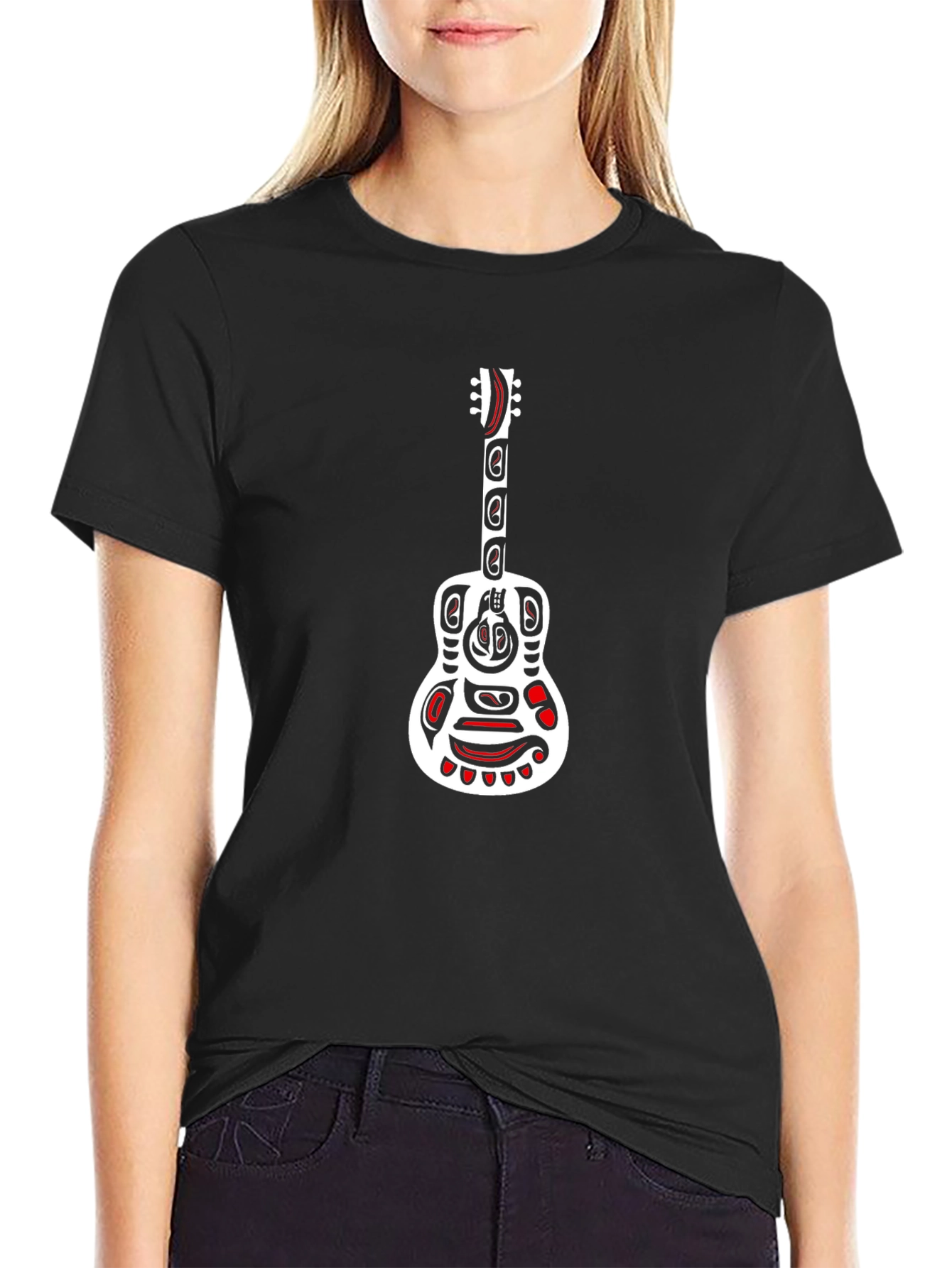 Black Tribal Guitar Graphic Black T-Shirt view 2