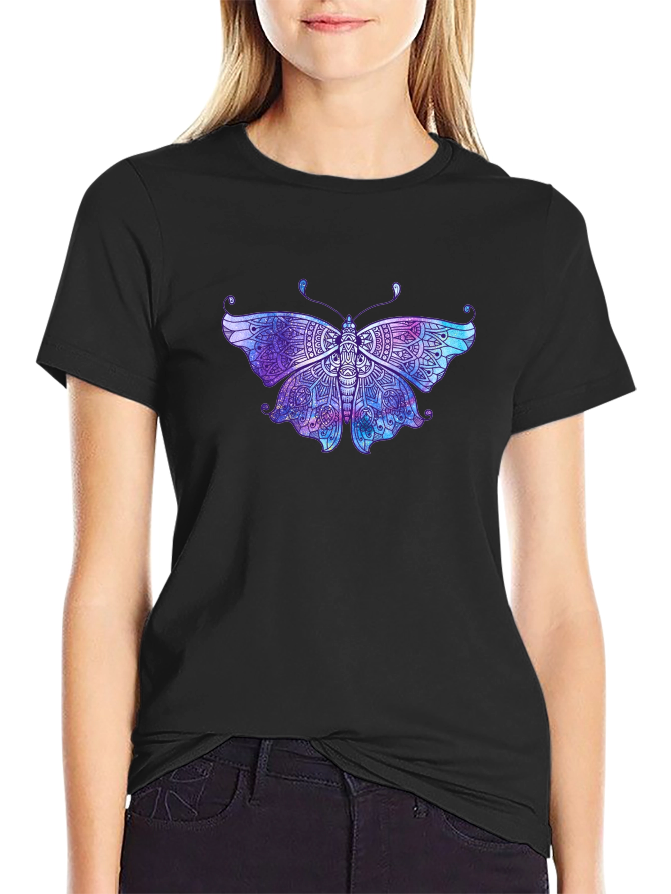 Black Butterfly Mandala Graphic Tee - Black Cotton T-Shirt view 2