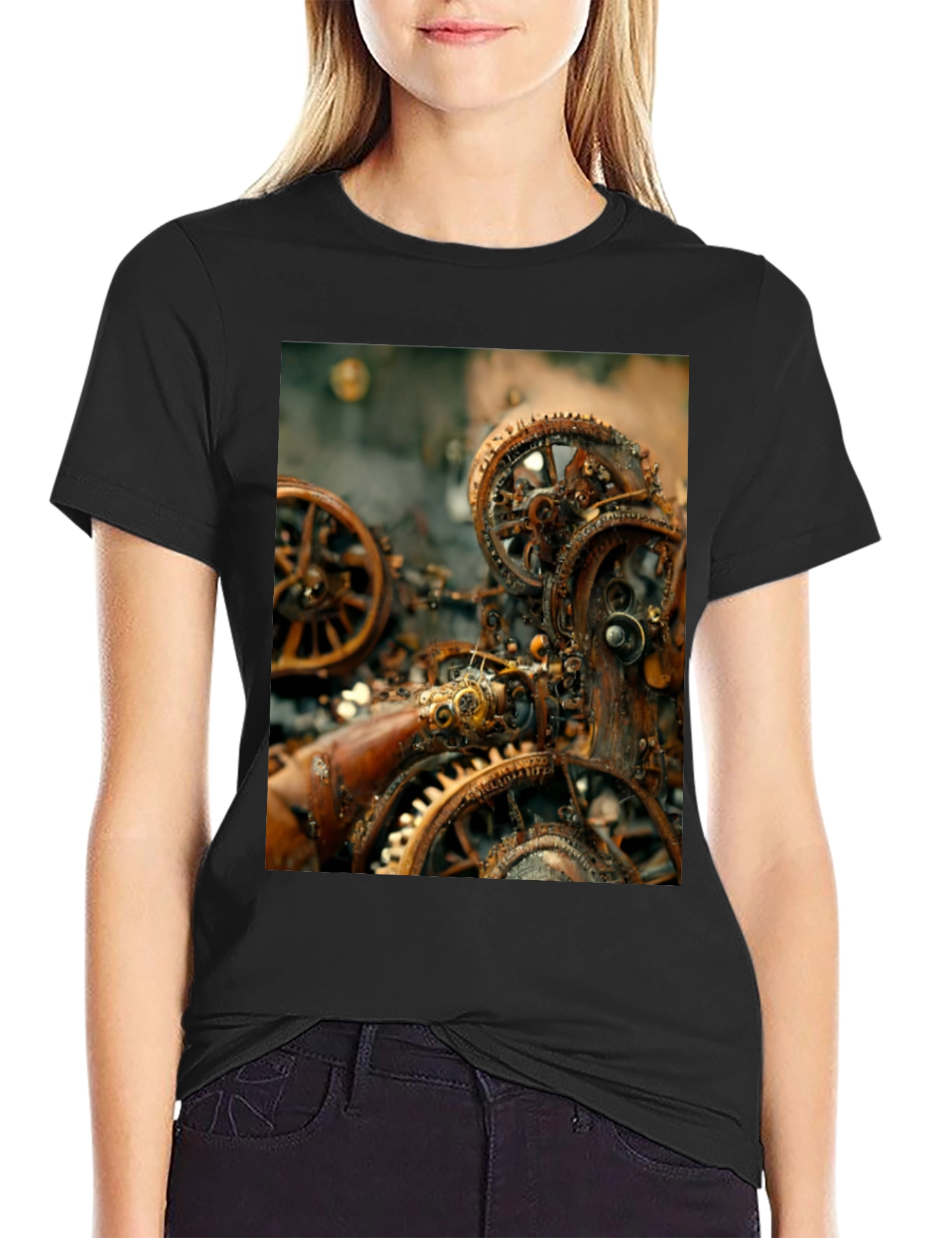 Black Steampunk Gears Graphic Tee - Black Cotton T-Shirt view 2