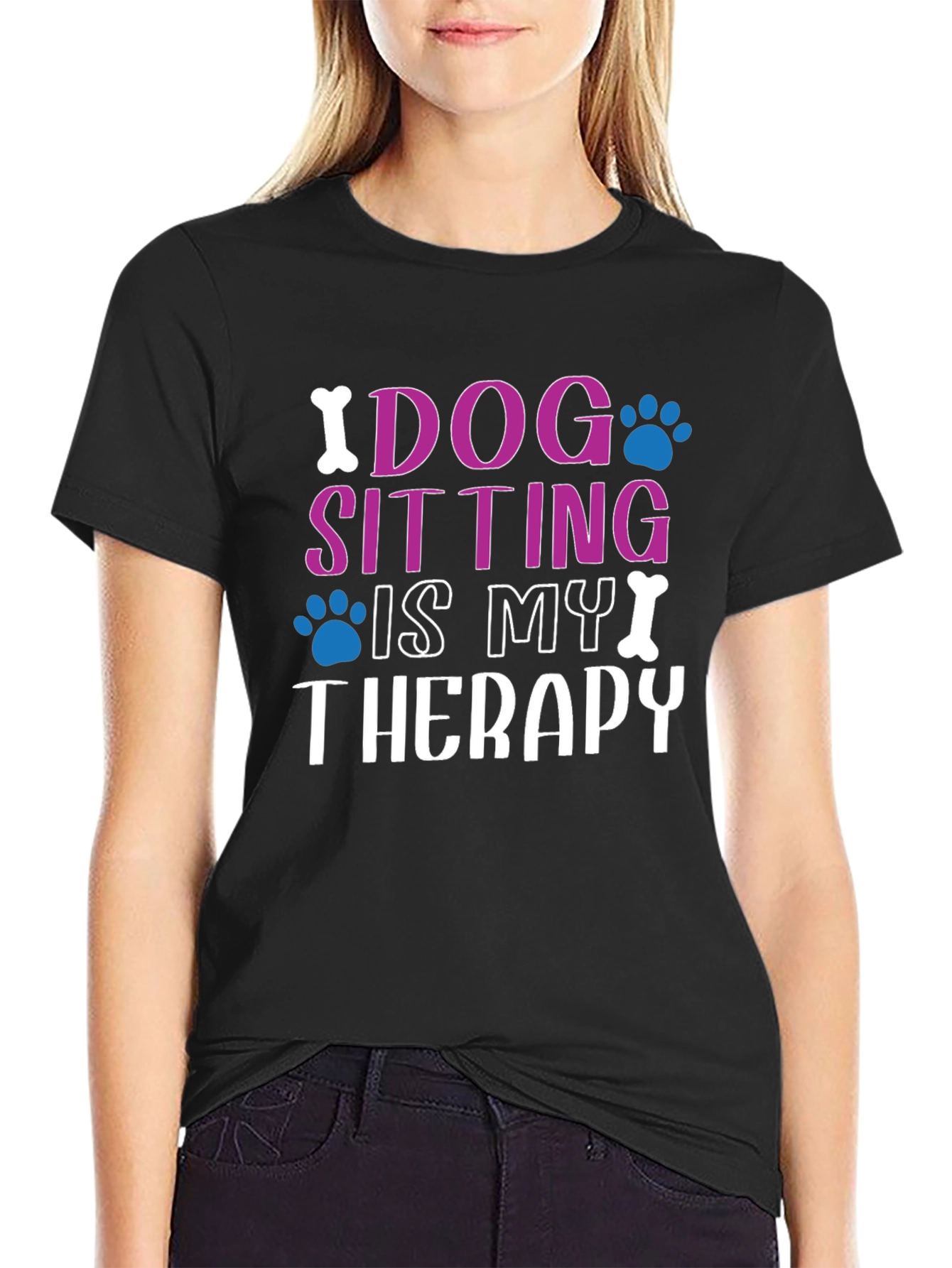 Black Dog Sitting Is My Therapy Black T-Shirt view 2