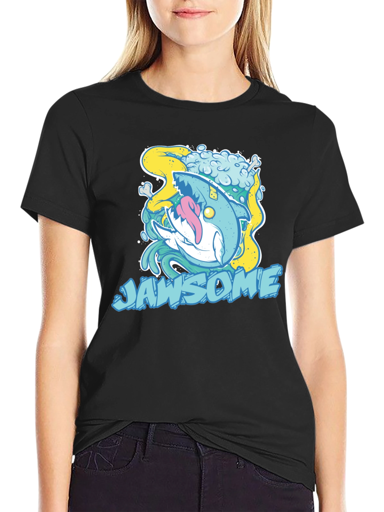 Black Jawsome Shark Graphic T-Shirt - Unique Cartoon Design view 2