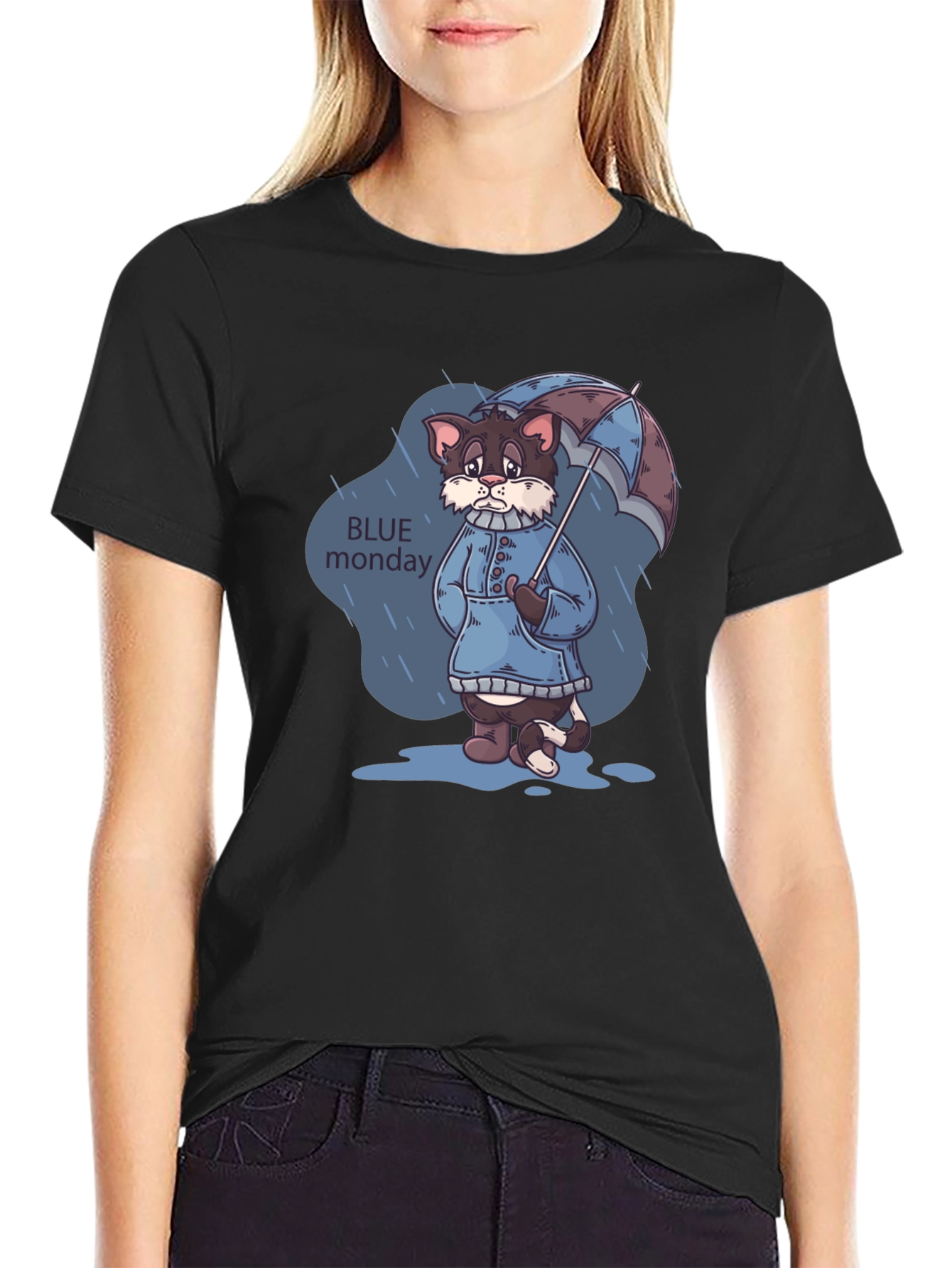 Black Blue Monday Cat T-Shirt - Rainy Day Style view 2