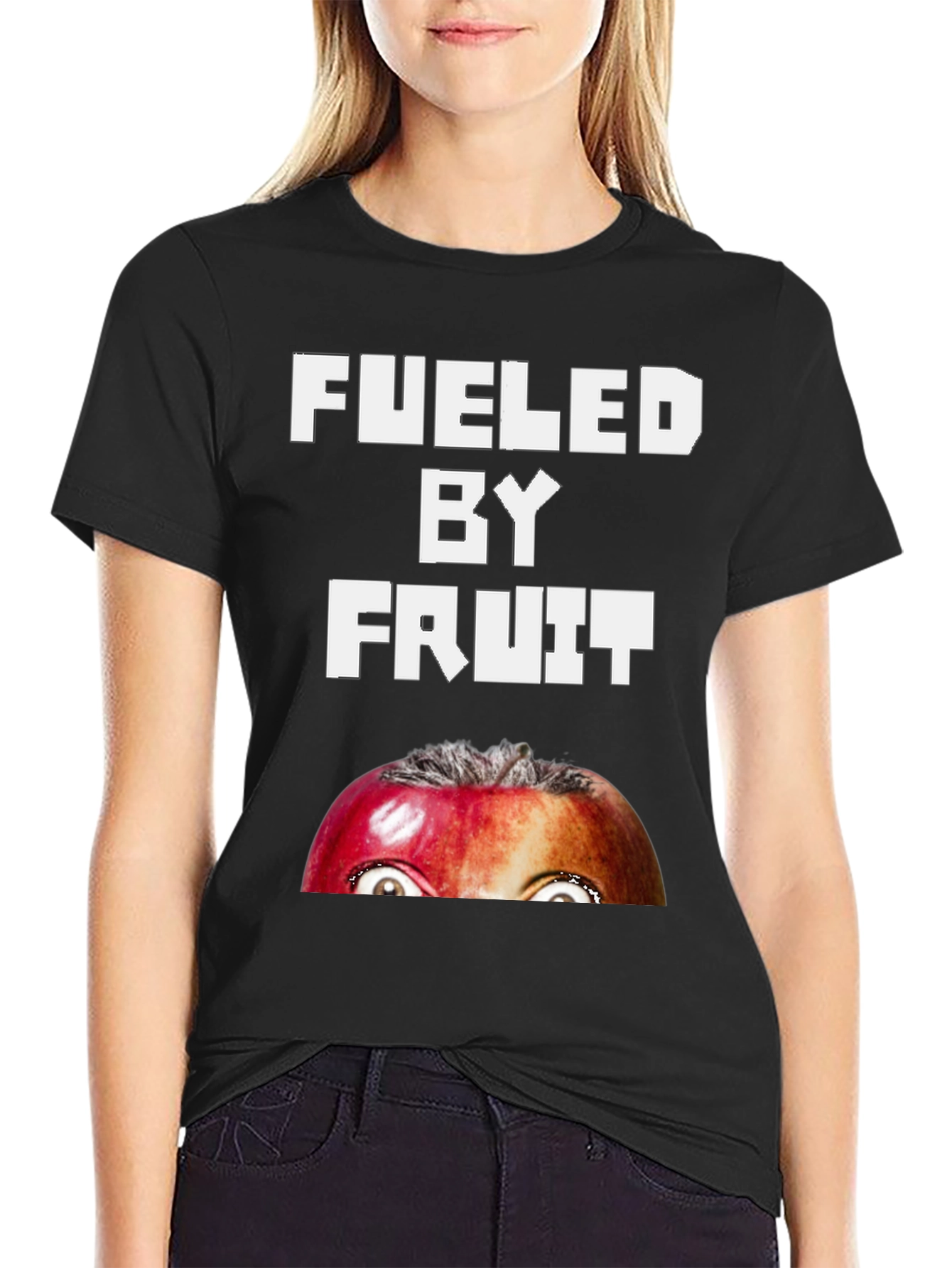 Black Fueled By Fruit T-Shirt - Funny Apple Face Tee view 2