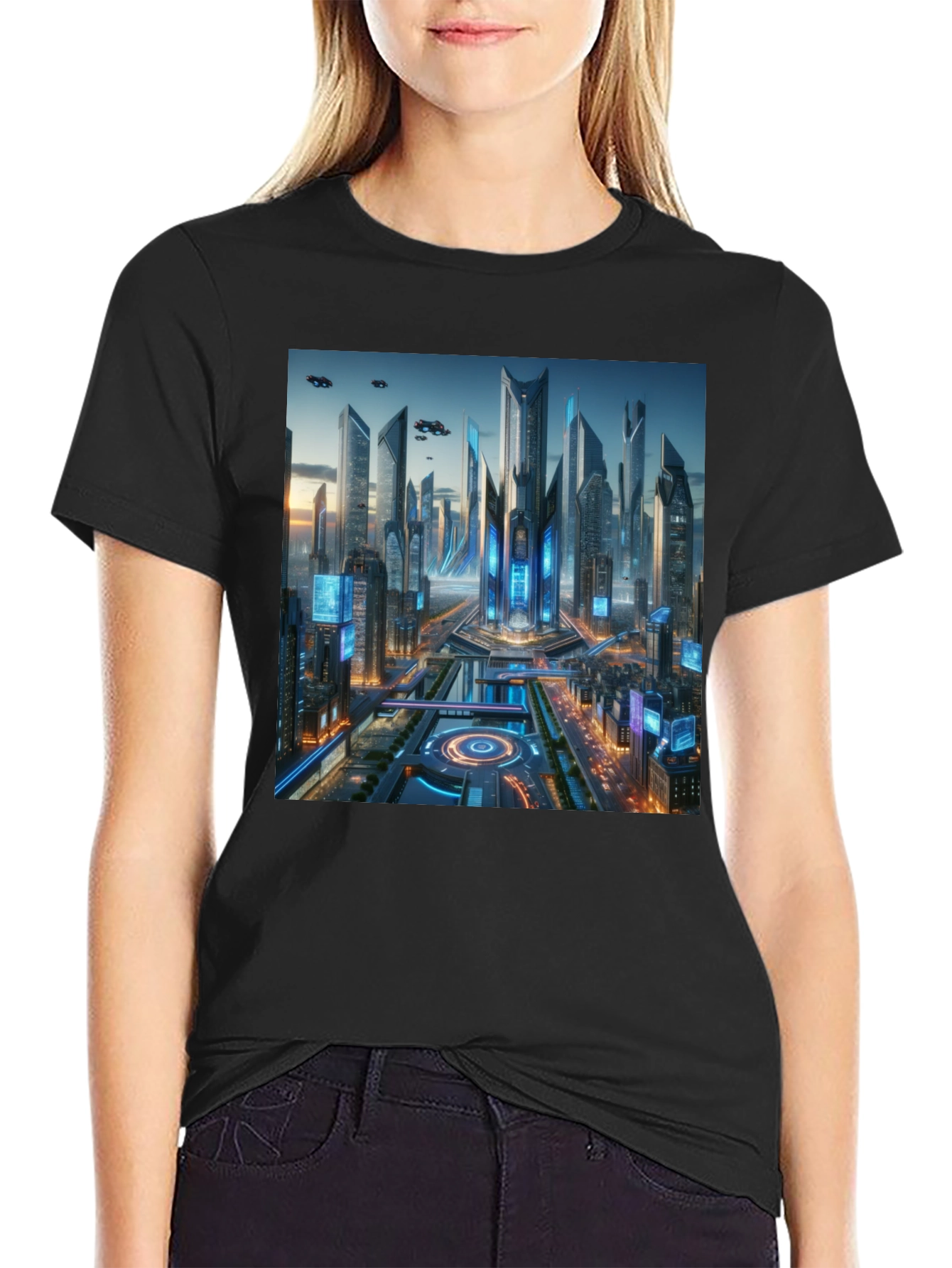 Black Futuristic Cityscape Graphic Black T-Shirt view 2