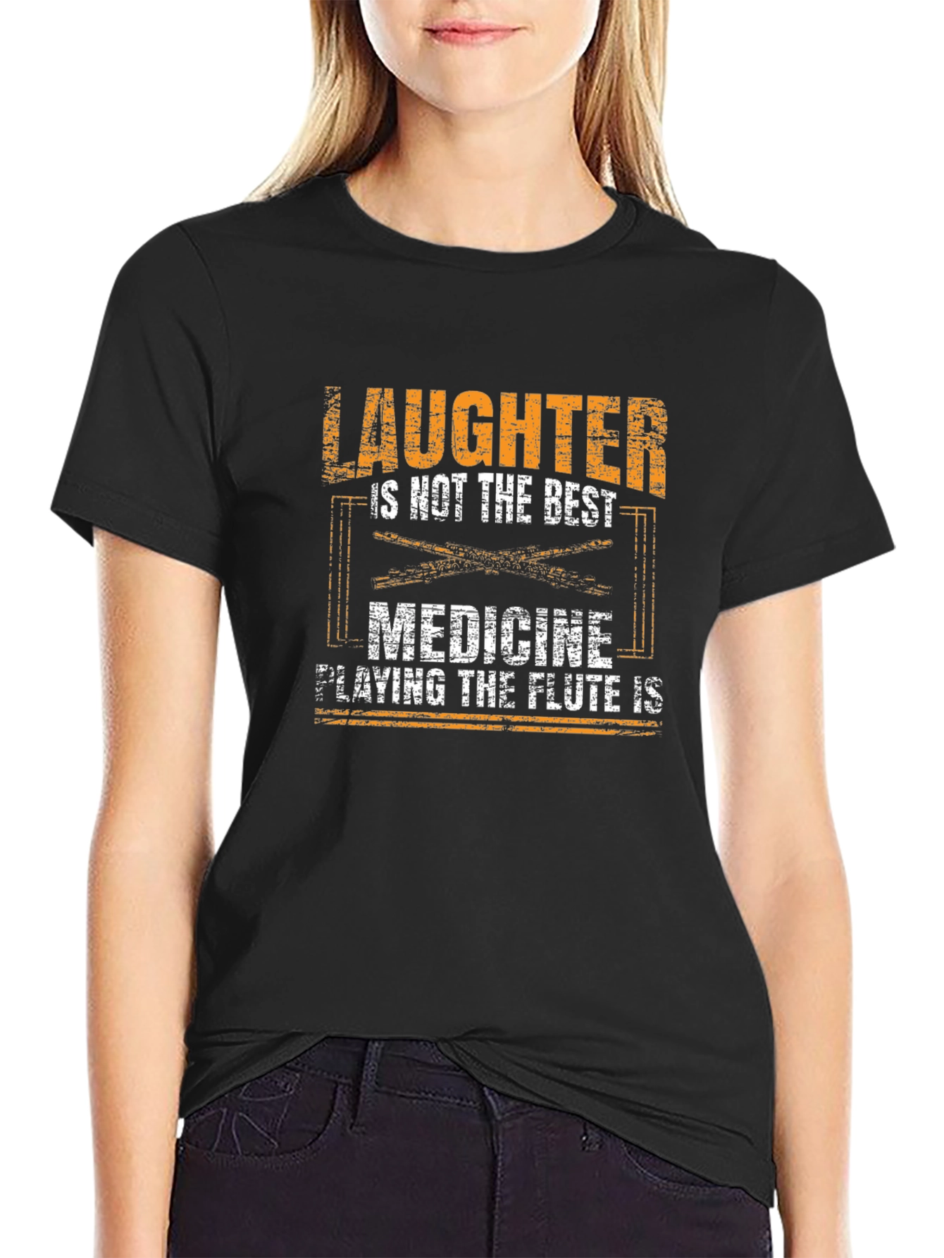 Black Funny Flute Player T-Shirt - Music is the Best Medicine view 2