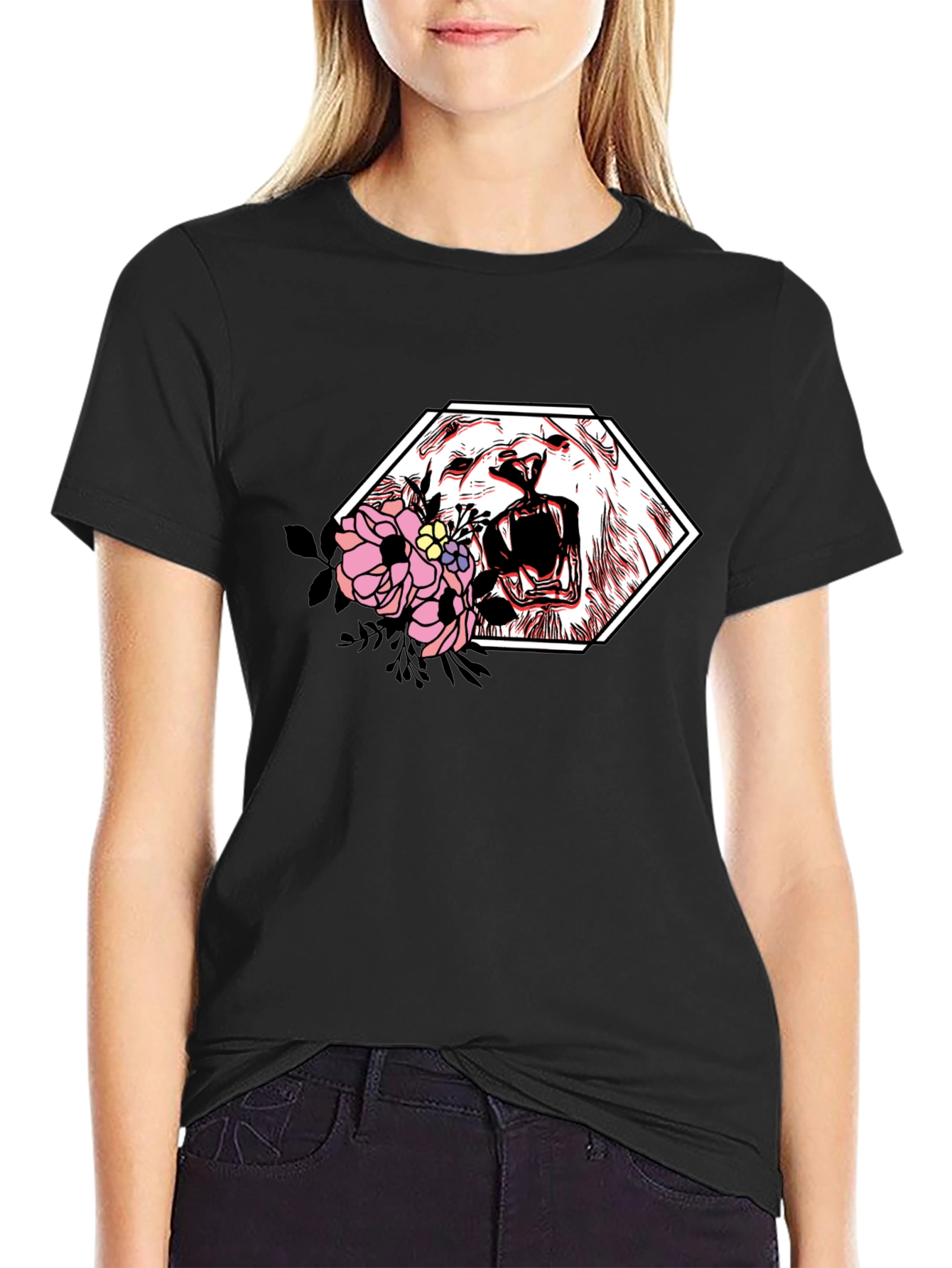 Black Floral Lion Graphic Tee - Modern Streetwear Style view 2