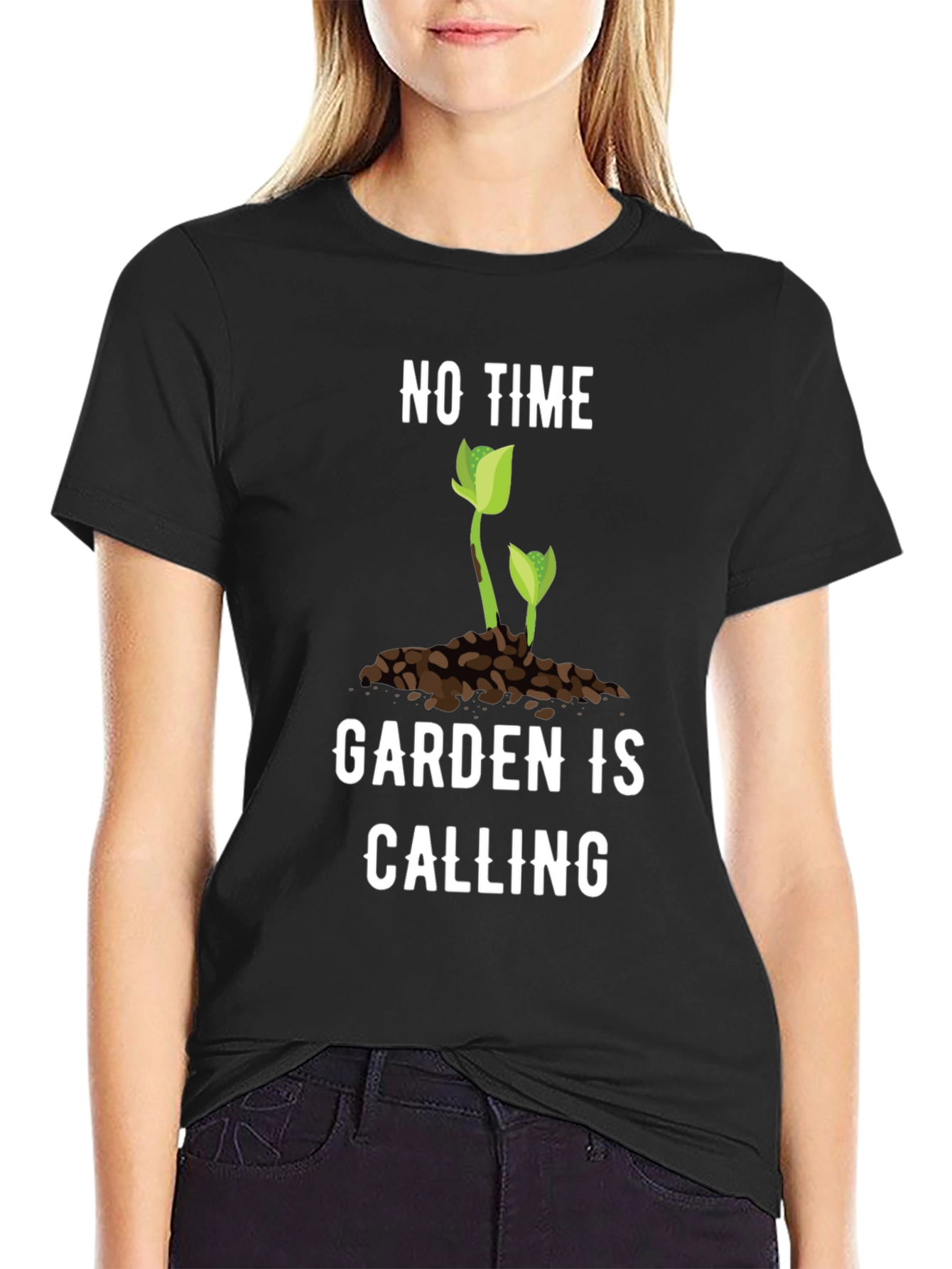 Black Gardening T-Shirt - "No Time, Garden is Calling" Tee view 2