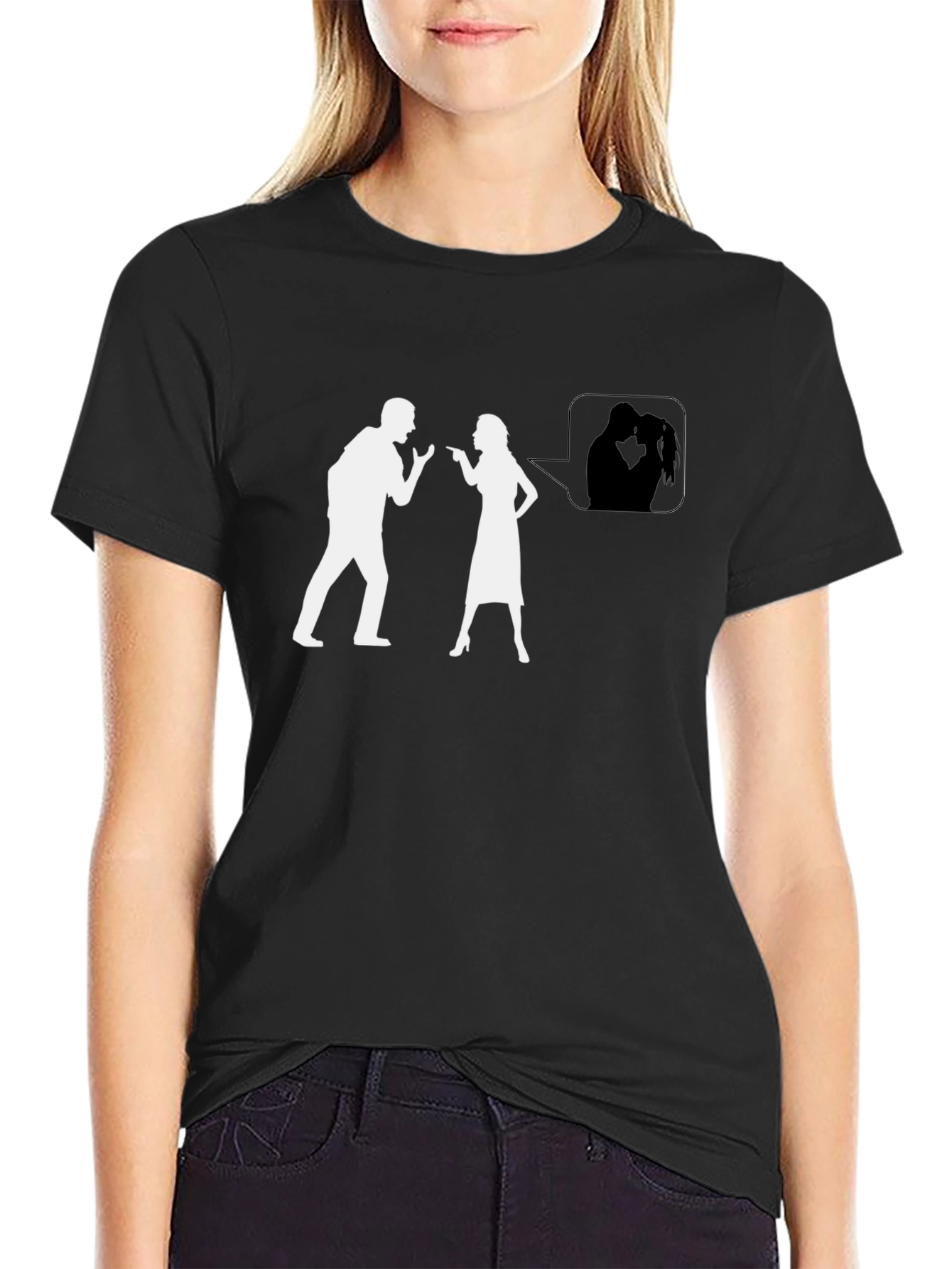 Black Funny Arguing Couple T-Shirt - Black Tee view 2