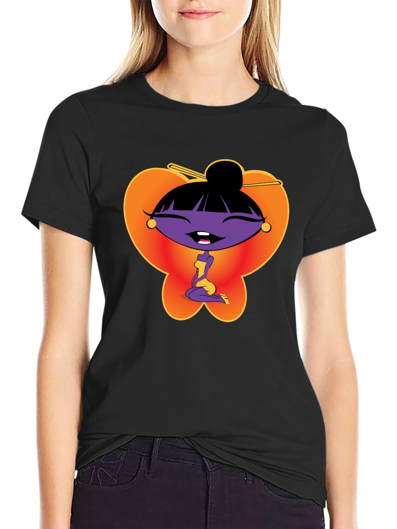 Black Cartoon Girl Graphic Tee - Black view 2