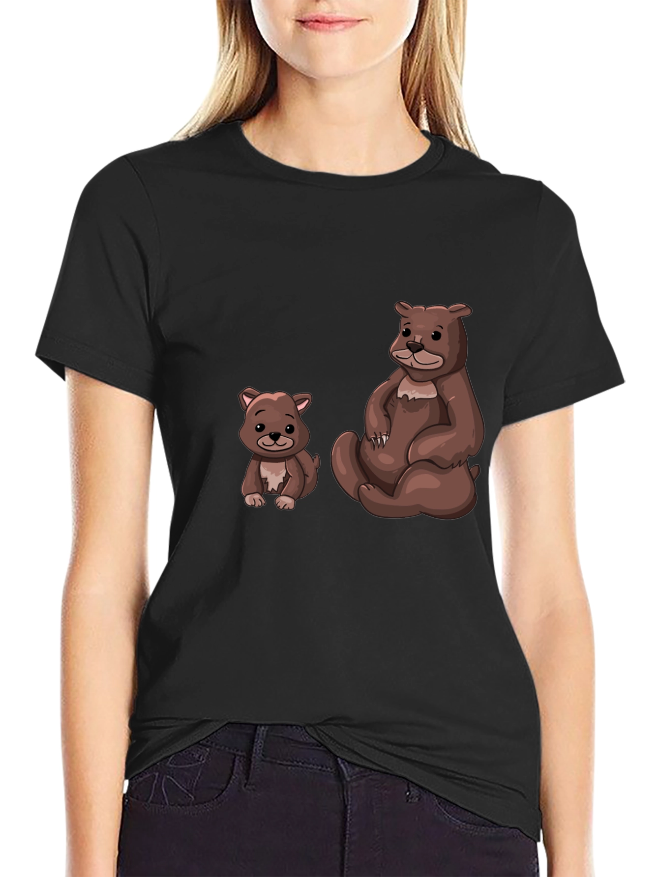 Black Cute Bears Graphic Black T-Shirt - Casual Wear view 2