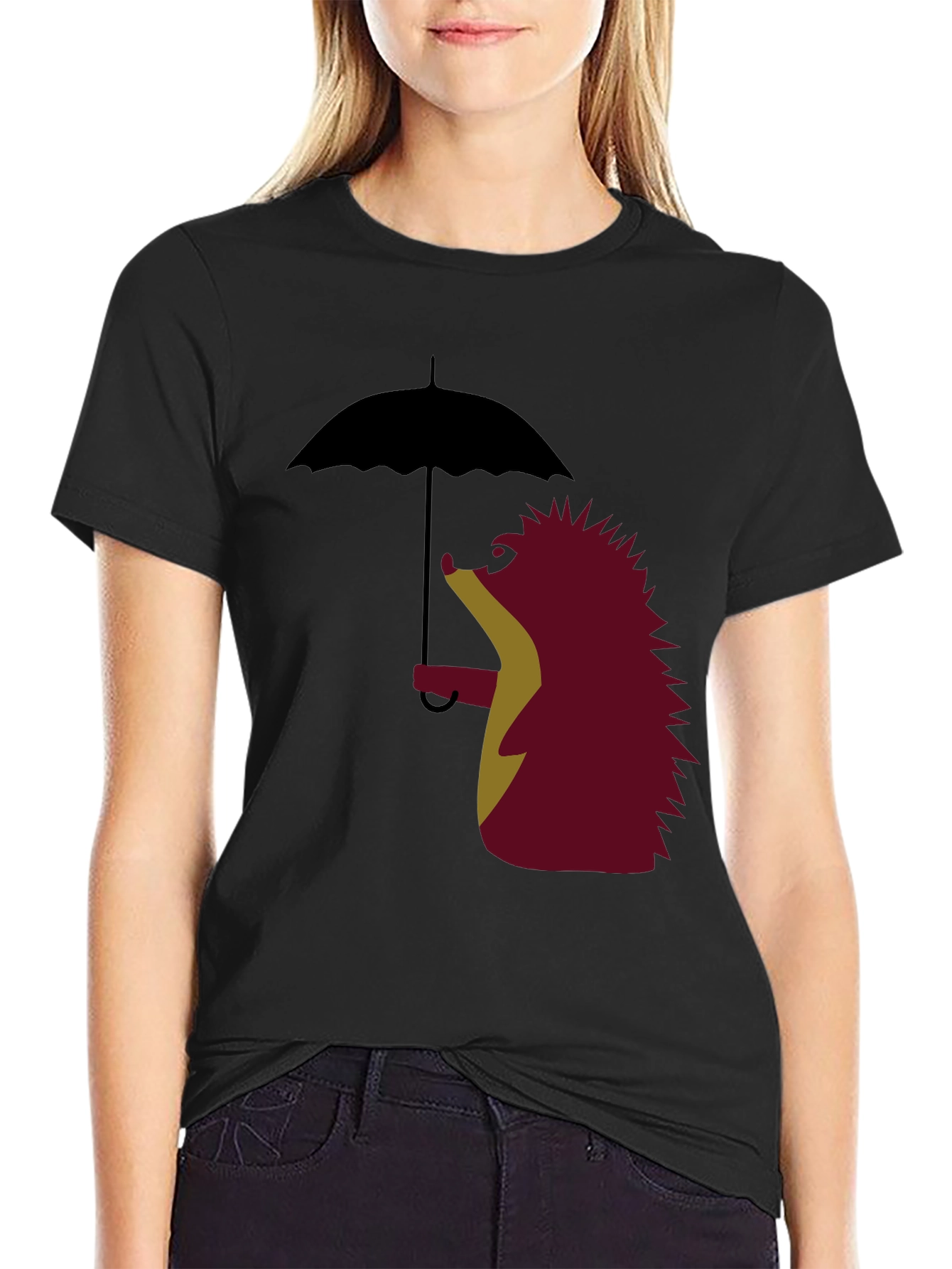 Black Whimsical Hedgehog Under Umbrella Graphic Tee view 2