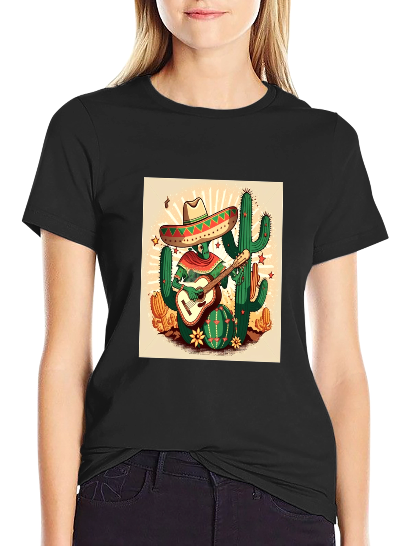 Black Cactus Guitarist Graphic Tee - Men's Black T-Shirt view 2