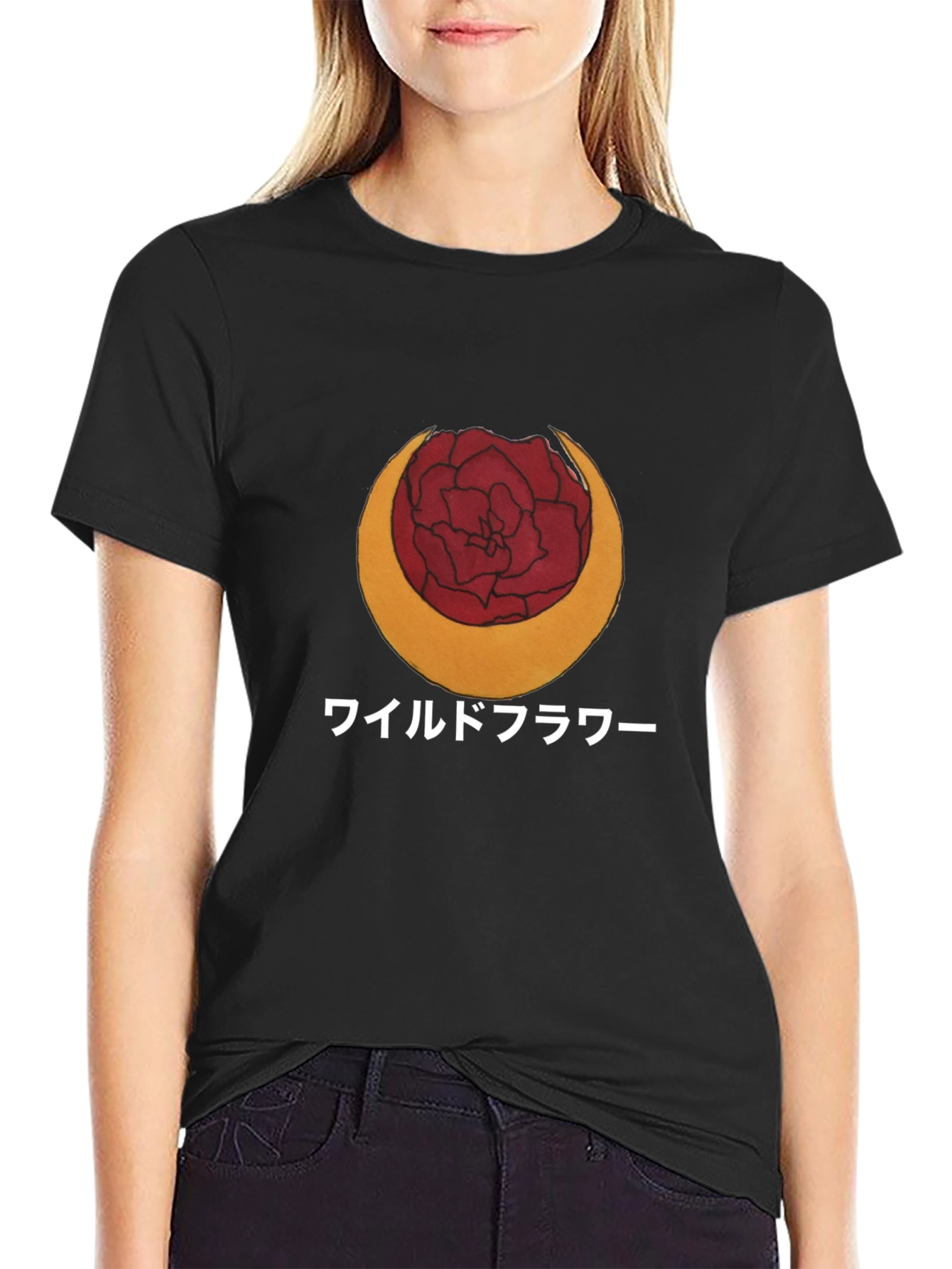Black Wildflower Graphic Tee - Japanese Text view 2