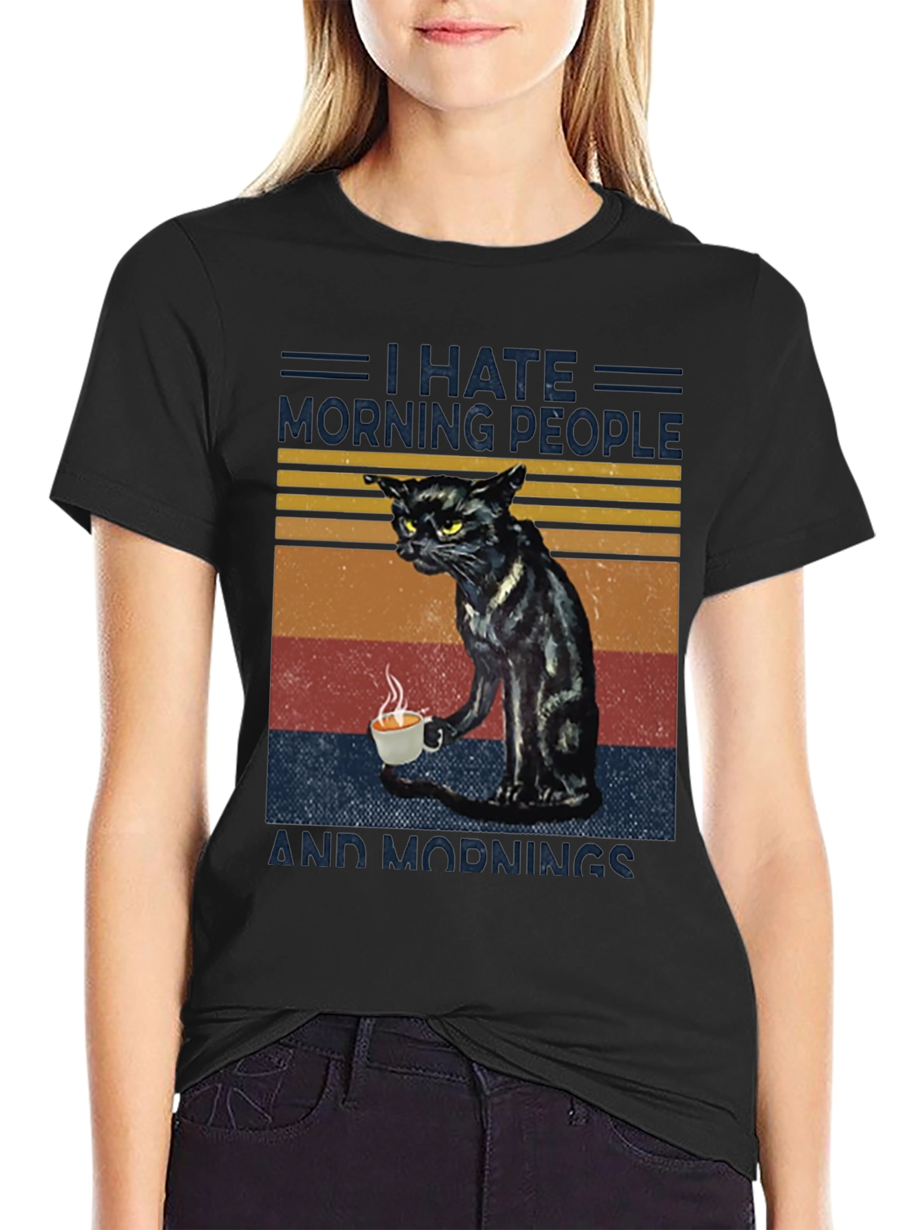 Black I Hate Morning People Cat Graphic T-Shirt view 2