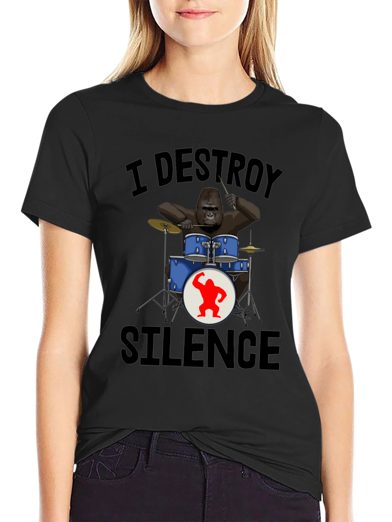 Black I Destroy Silence Gorilla Drummer T-Shirt view 2