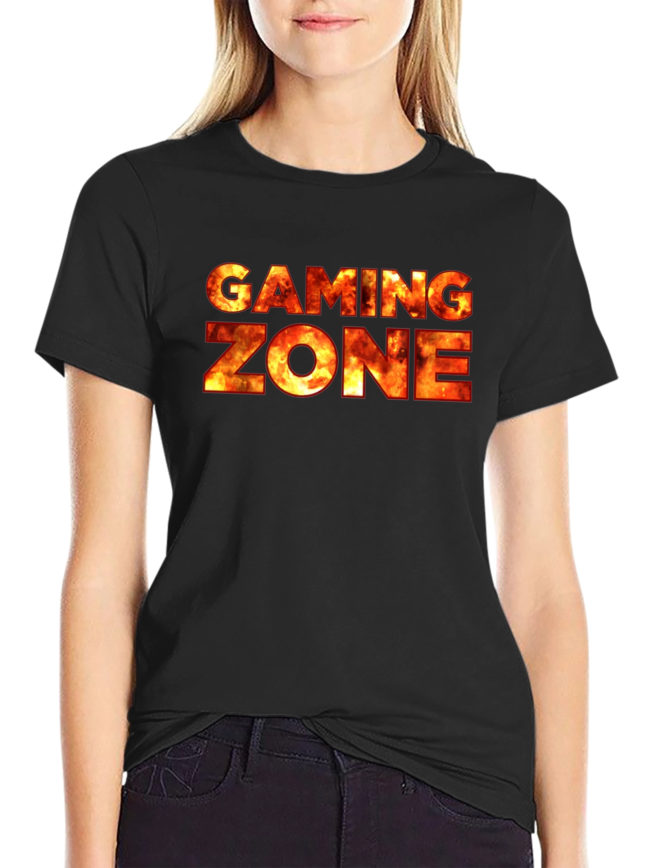 Black Gaming Zone Fire Text Black T-Shirt view 2