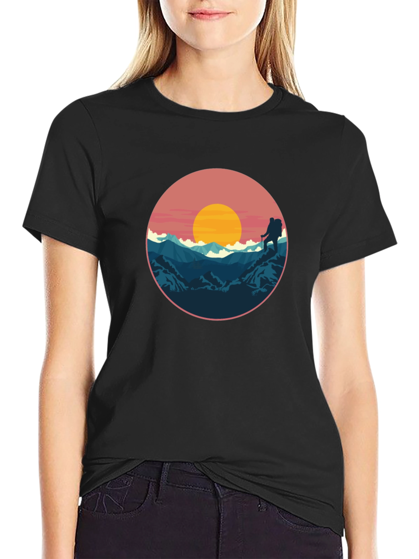 Black Hiking Adventure T-Shirt - Mountain Sunset Graphic Tee view 2