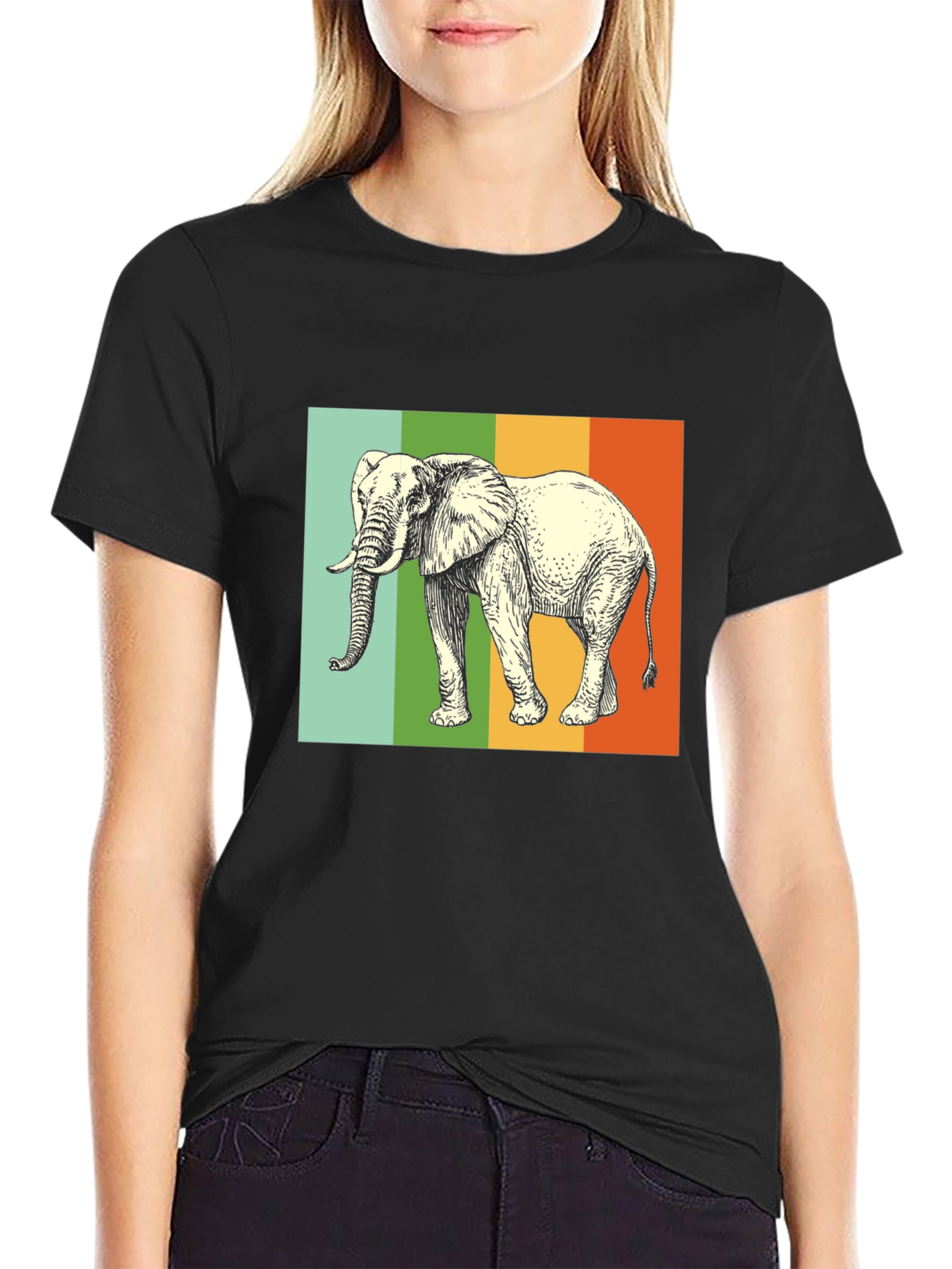 Black Elephant Graphic T-Shirt - Striped Background view 2