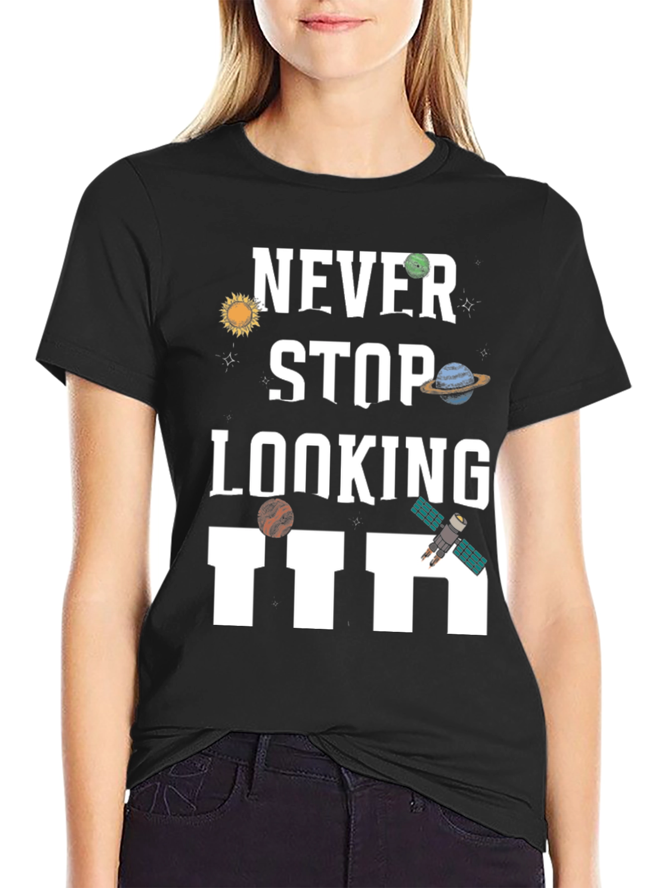 Black Never Stop Looking Up Graphic T-Shirt view 2