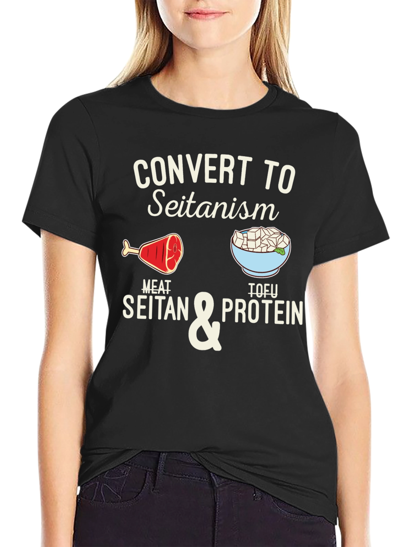 Black Convert to Seitanism T-Shirt - Vegan & Vegetarian Humor Tee view 2