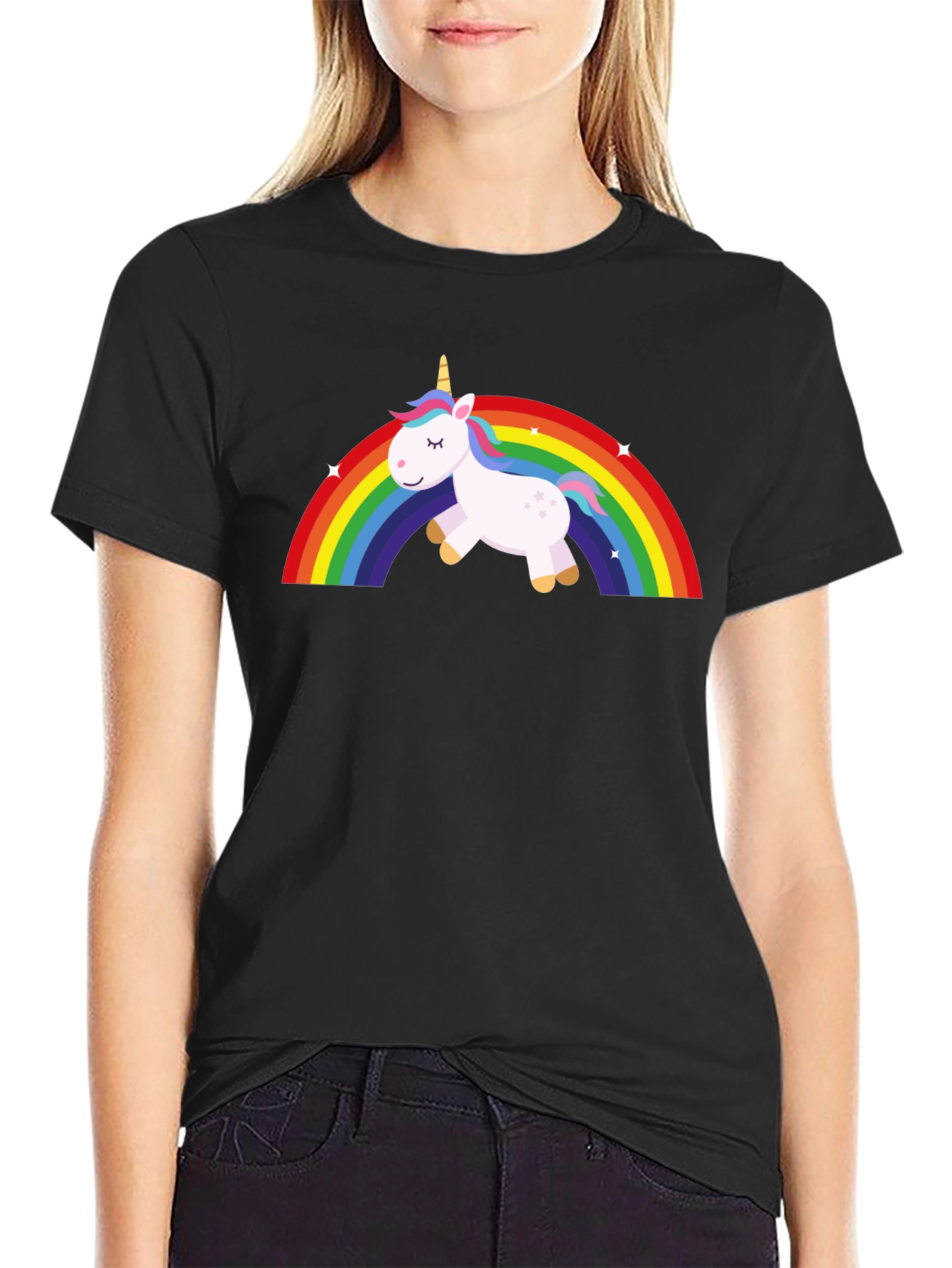 Black Unicorn Rainbow Graphic Tee - Black Cotton T-Shirt view 2