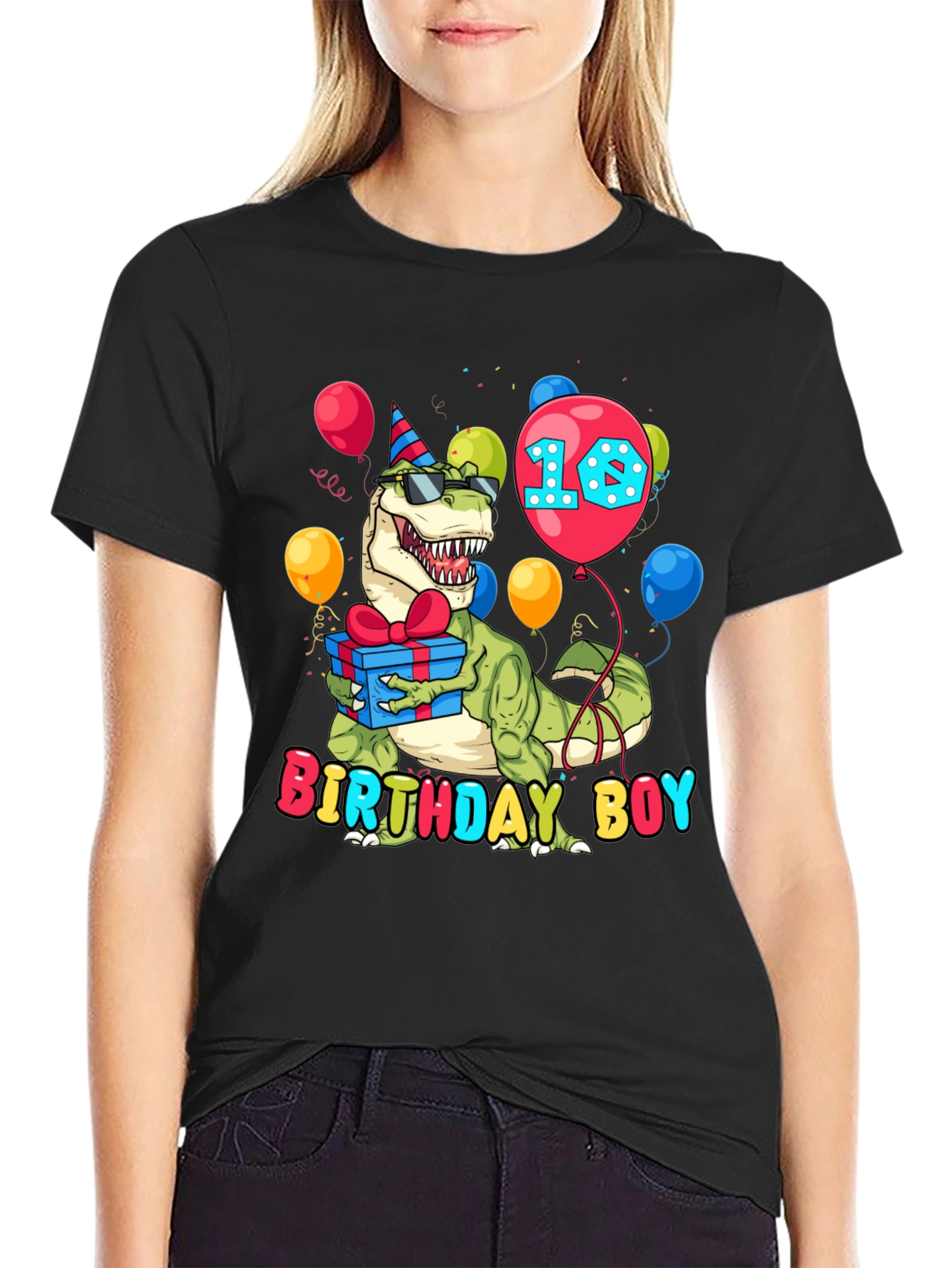 Black Birthday Boy Dinosaur T-Shirt - Dino 10th Birthday view 2