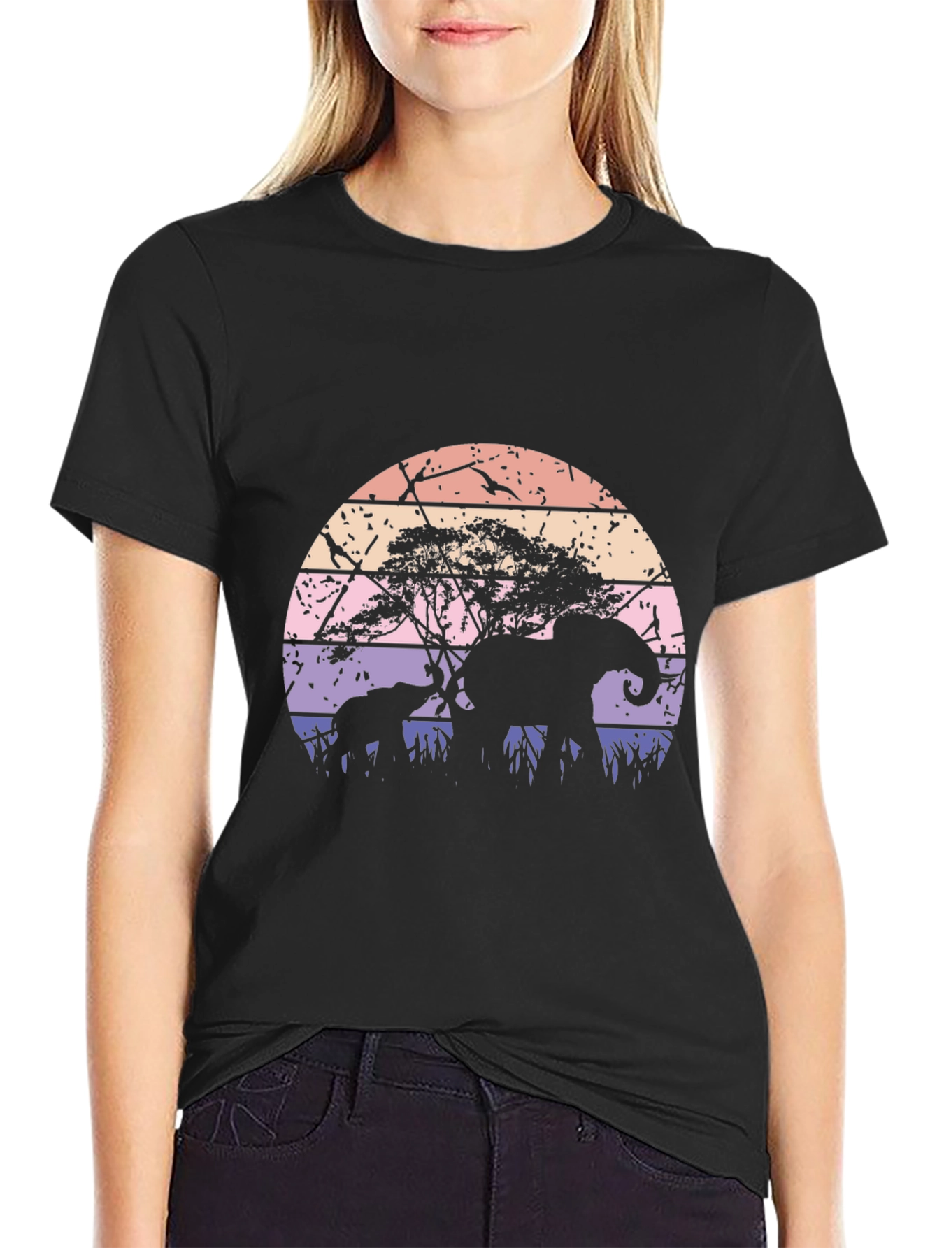 Black Elephant Sunset Graphic Tee - Black Cotton Blend view 2