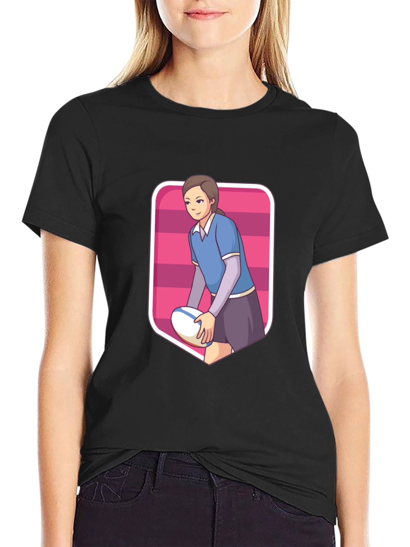 Black Rugby Girl Graphic Tee - Sporty Cartoon Style view 2