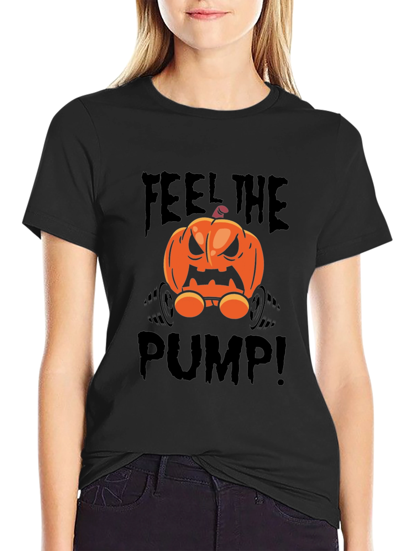 Black Halloween Pumpkin Feel The Pump T-Shirt view 2
