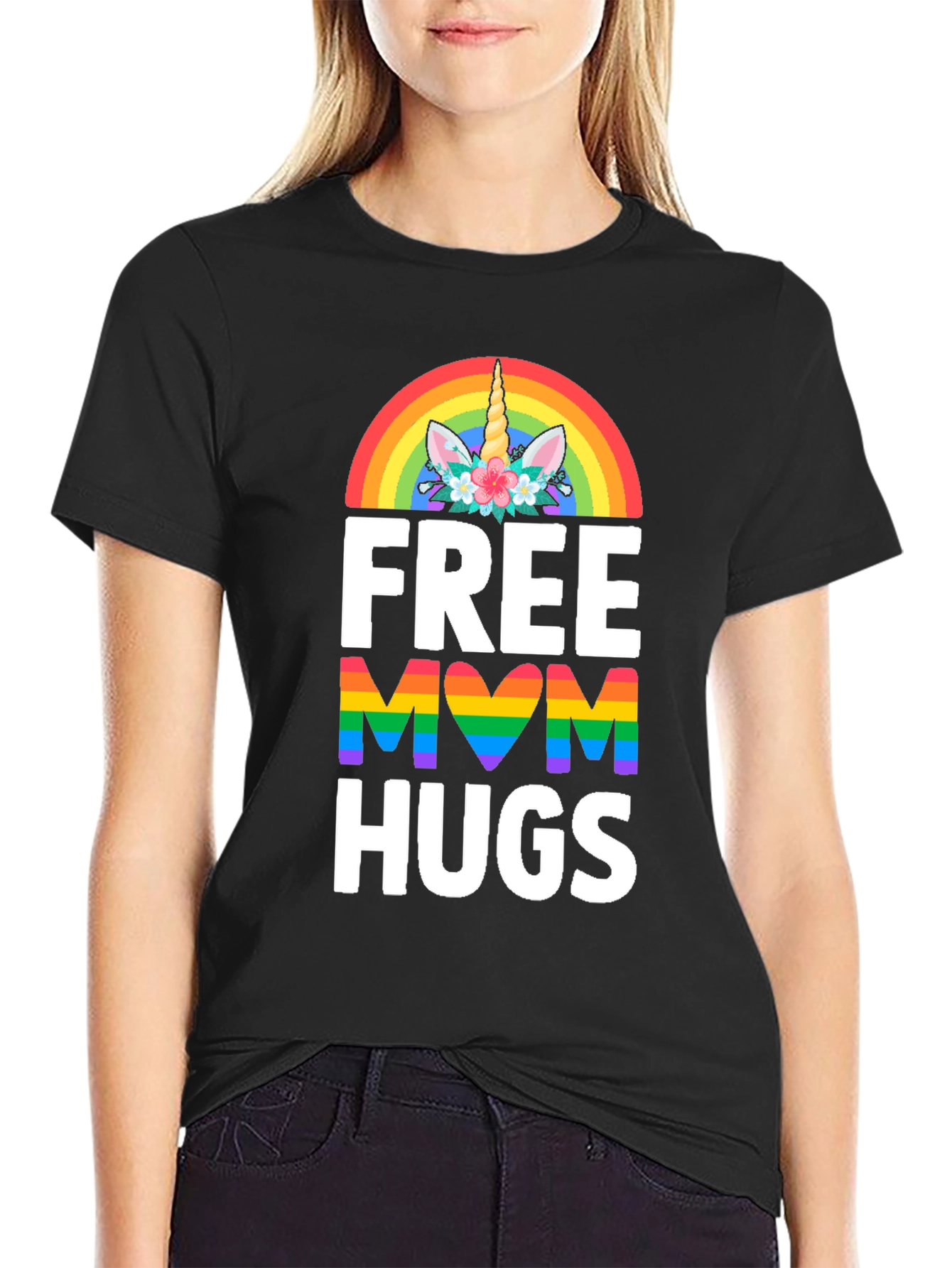 Black Free Mom Hugs Unicorn Rainbow Pride T-Shirt view 2