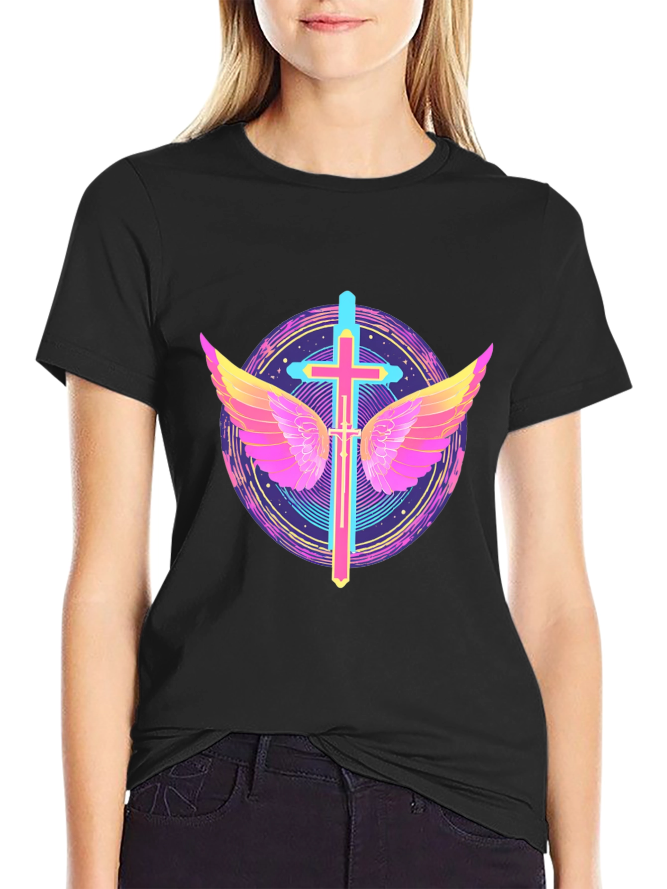 Black Neon Cross & Wings Graphic Black T-Shirt view 2