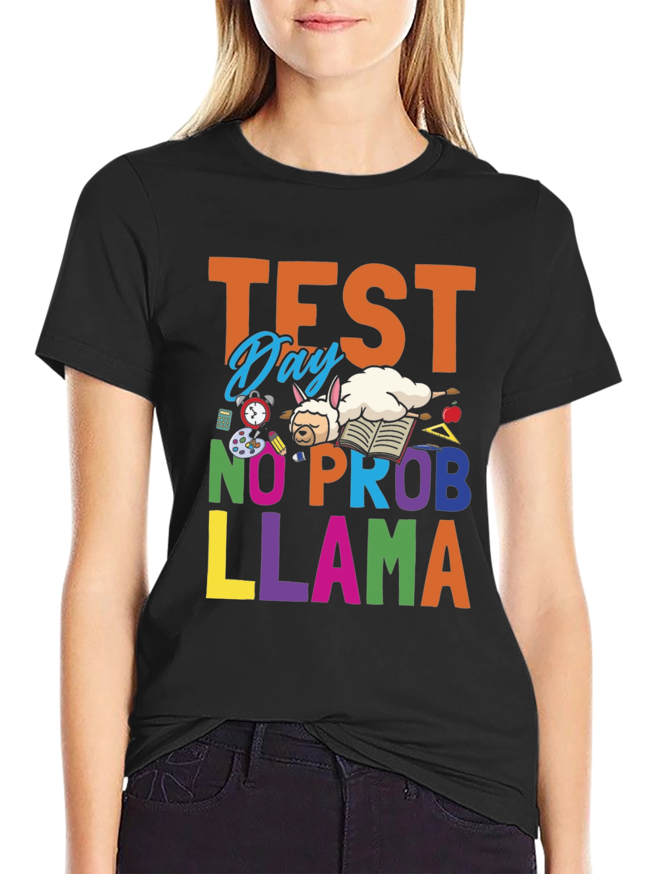 Black Test Day No Prob Llama T-Shirt - School & Study Fun view 2