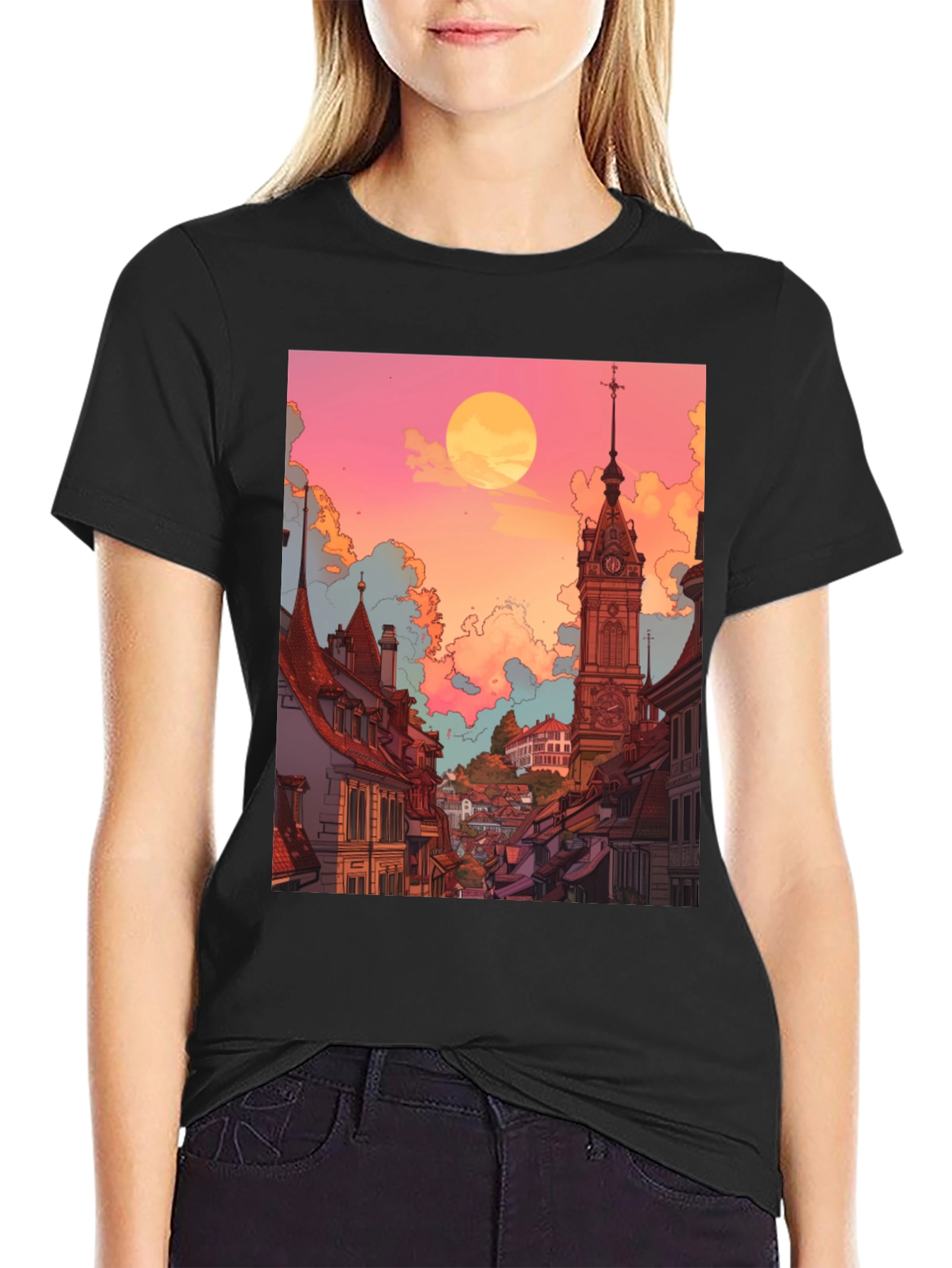 Black Retro Cityscape Graphic Tee - Unisex Black T-Shirt view 2